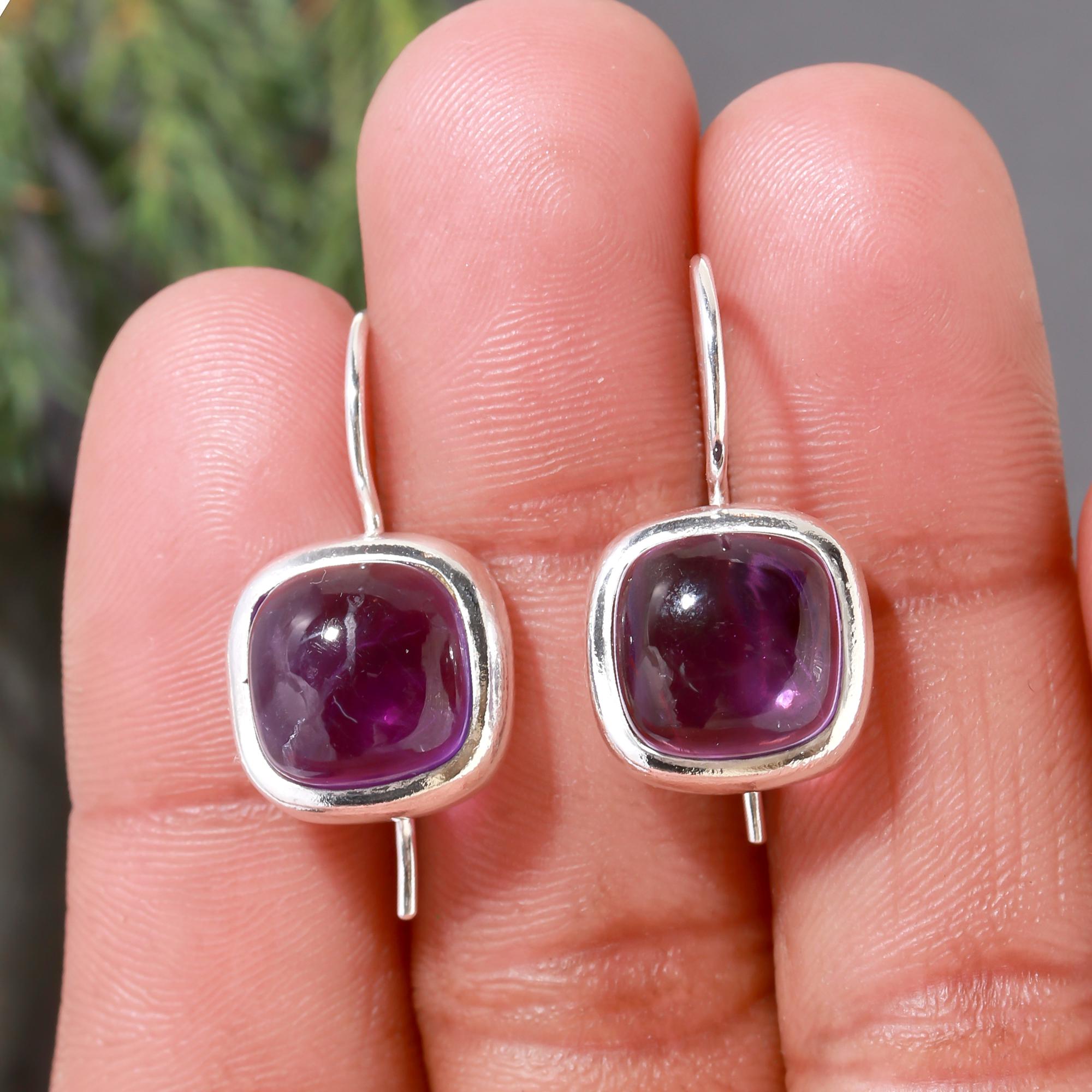 925 Silver Cushion Amethyst Dangle Earrings