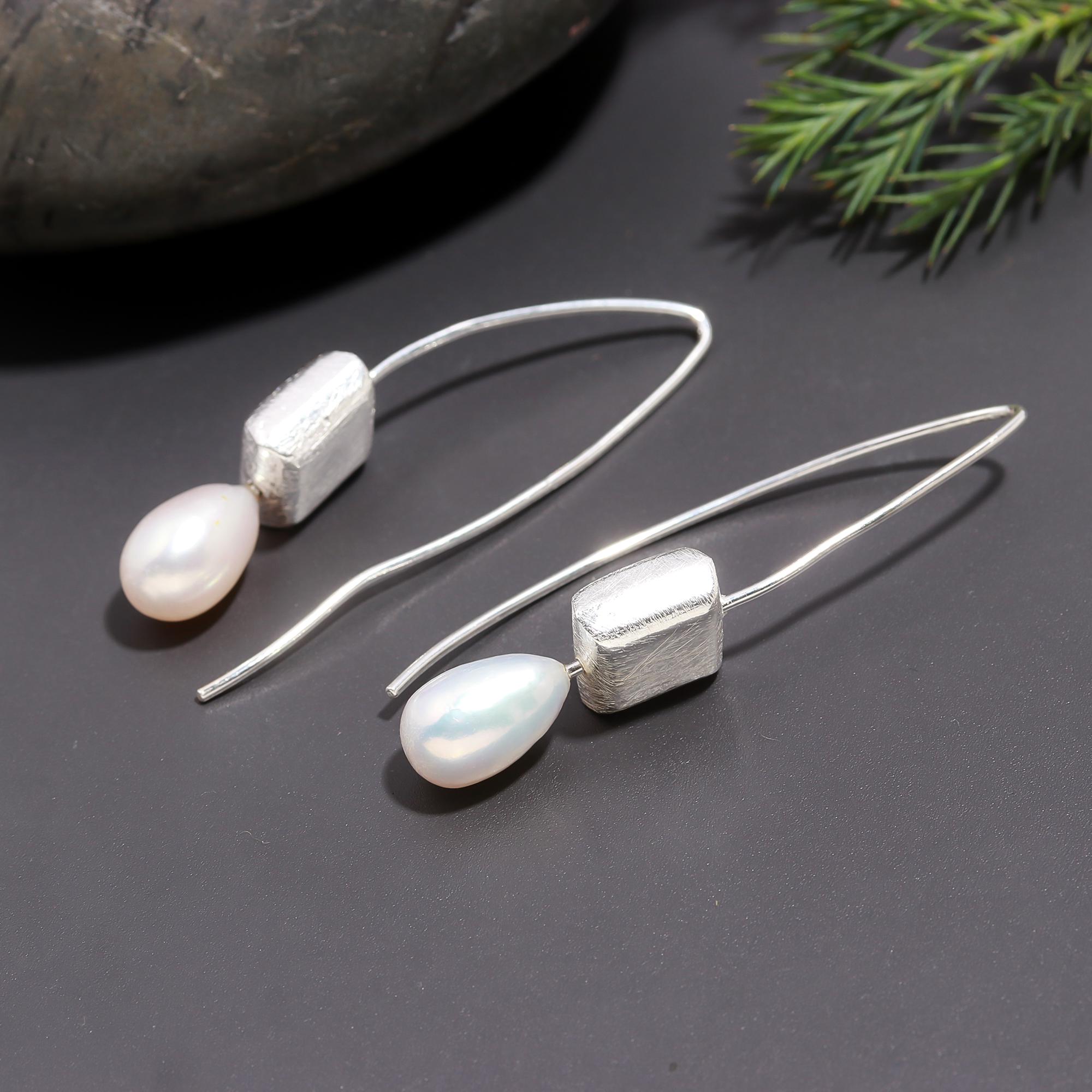925 Silver Freshwater Pearls Long Wire Drop Earrings