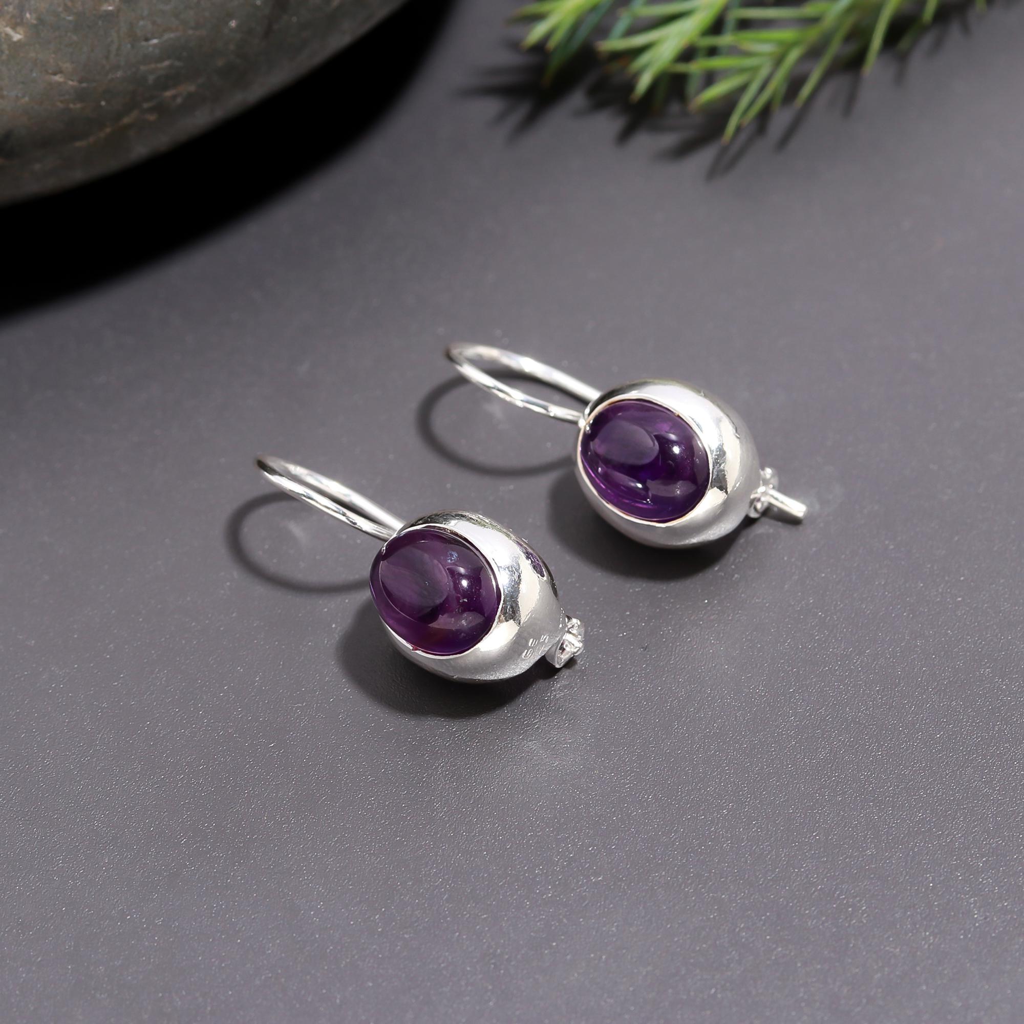 925 Silver Oval Amethyst Dangle Earrings