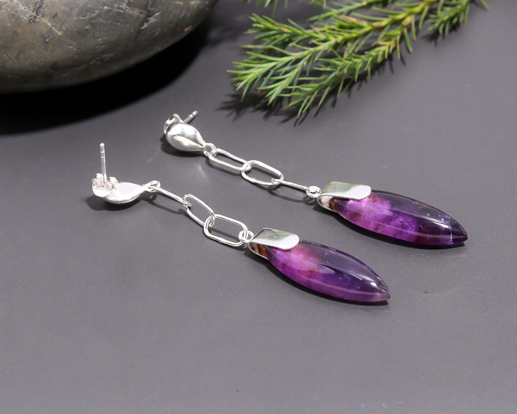 925 Silver Long Chain Amethyst Drop Earrings