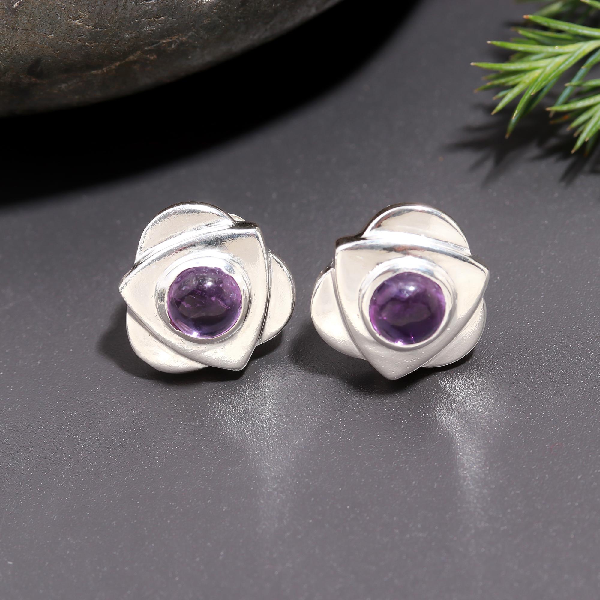 925 Silver Amethyst Floral Stud Earrings