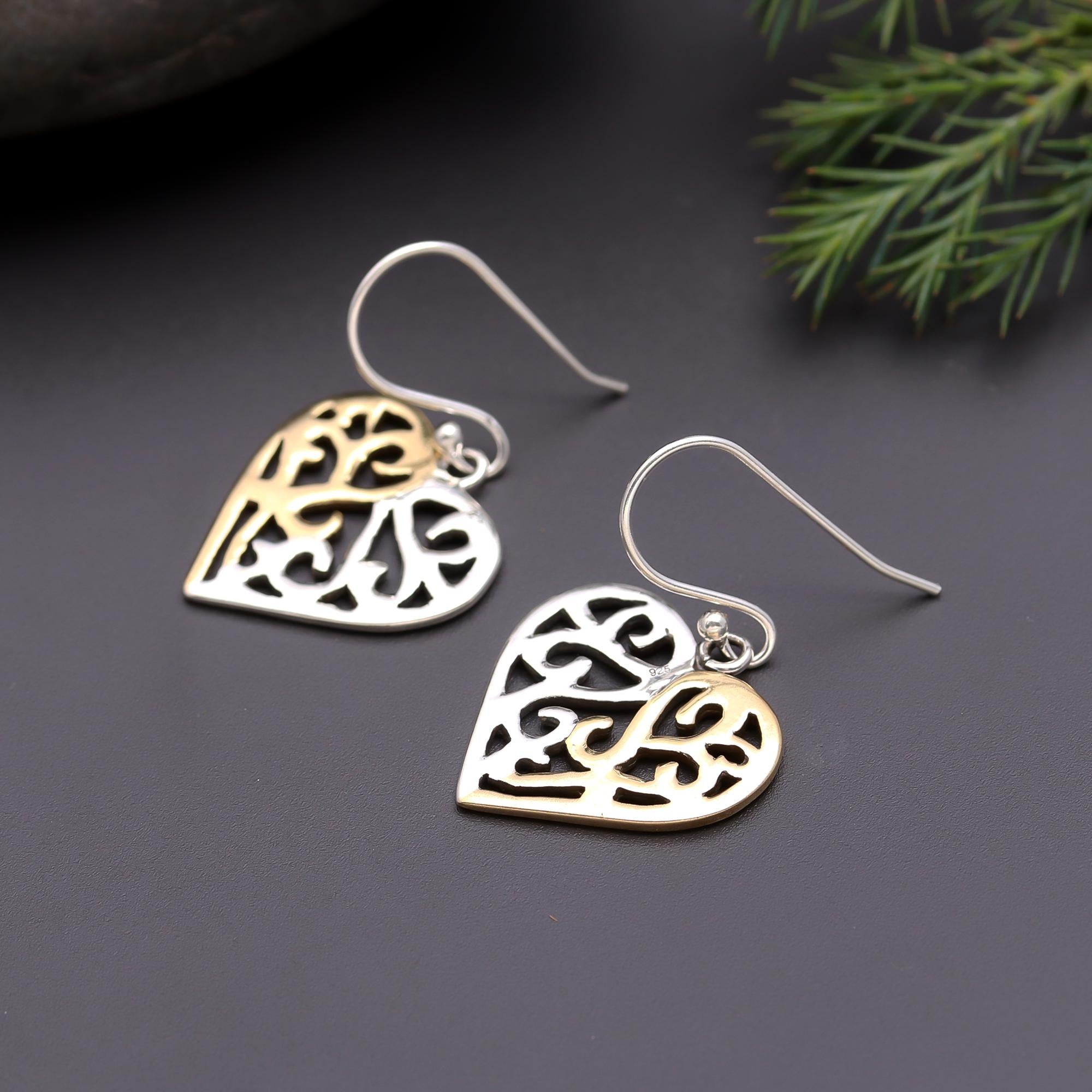 925 Silver Two-Tone Heart Filigree Dangle Earrings