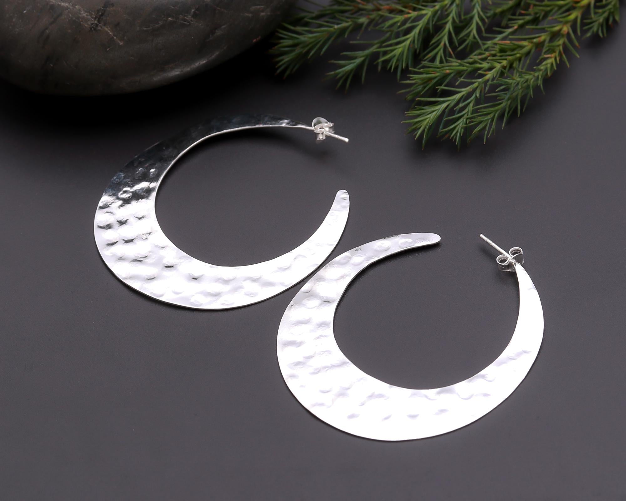 925 Silver Large Hammered Crescent Hoop Earrings