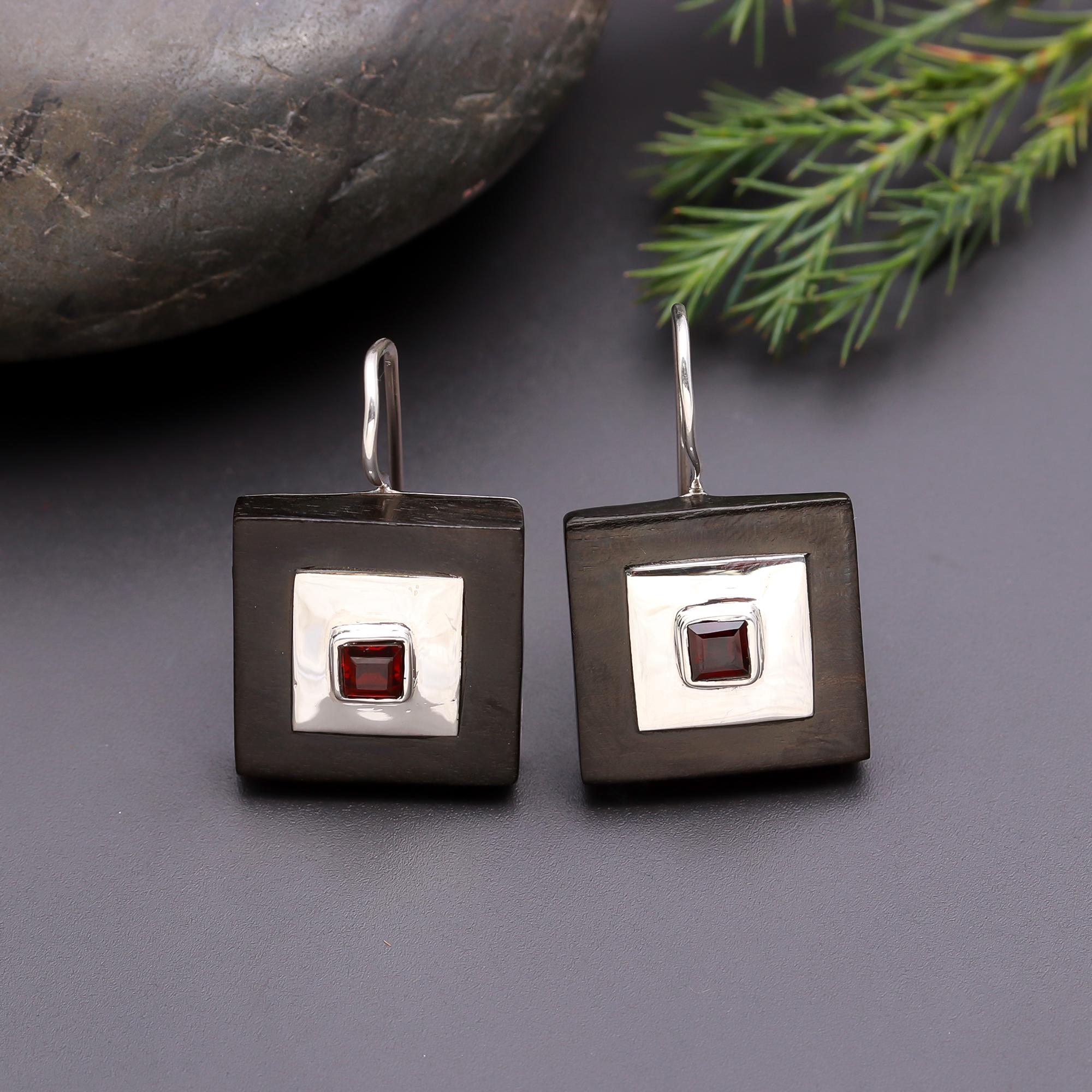 925 Silver Square Garnet & Wood Inlay Dangle Earrings
