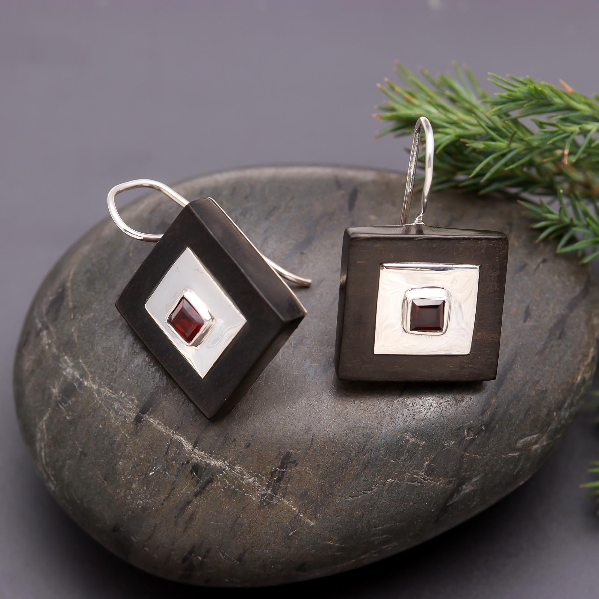 925 Silver Square Garnet & Wood Inlay Dangle Earrings