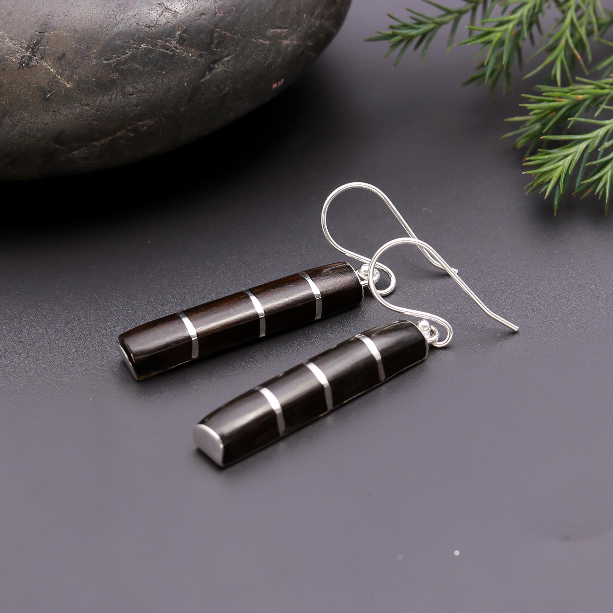 925 Silver Wood Striped Bar Dangle Earrings