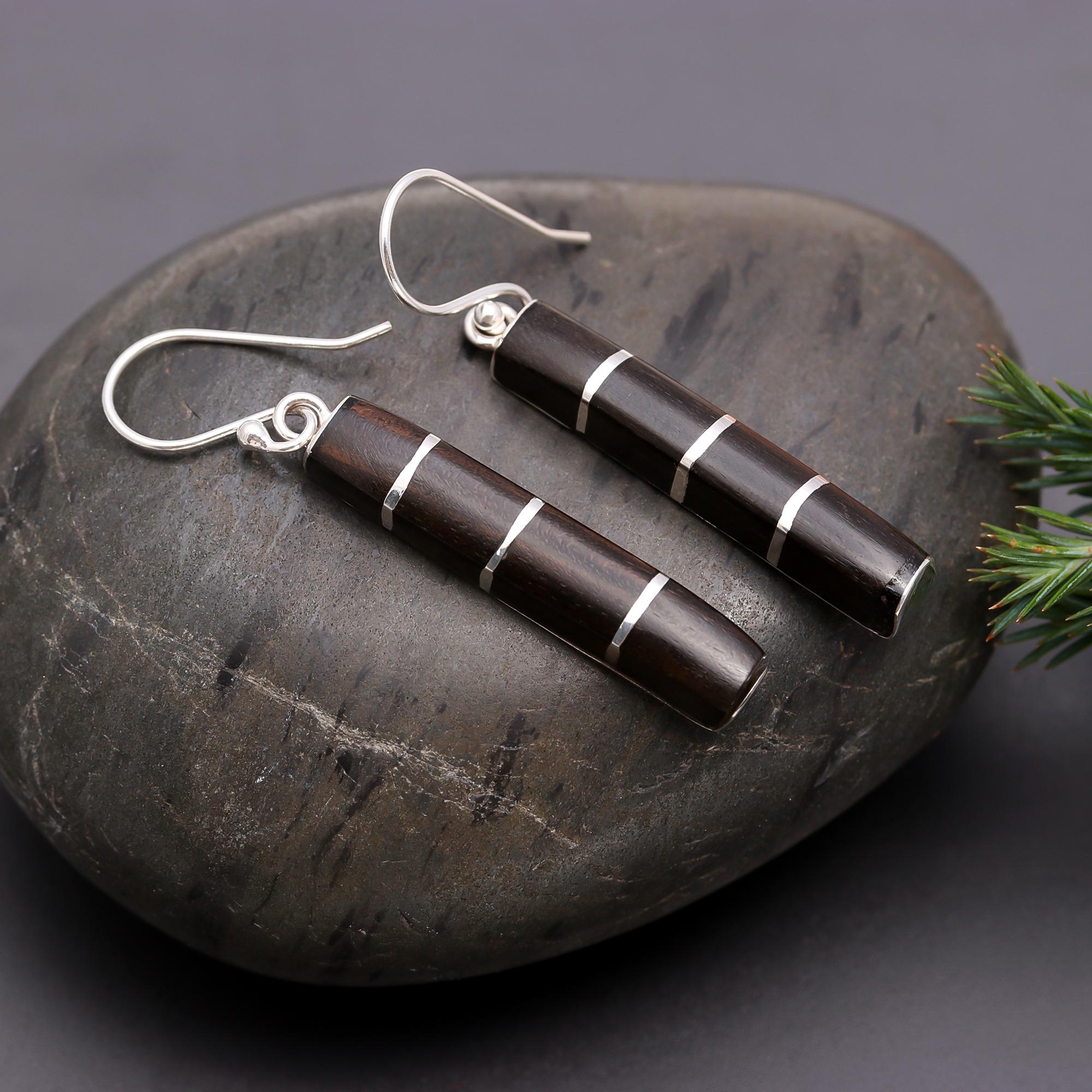 925 Silver Wood Striped Bar Dangle Earrings