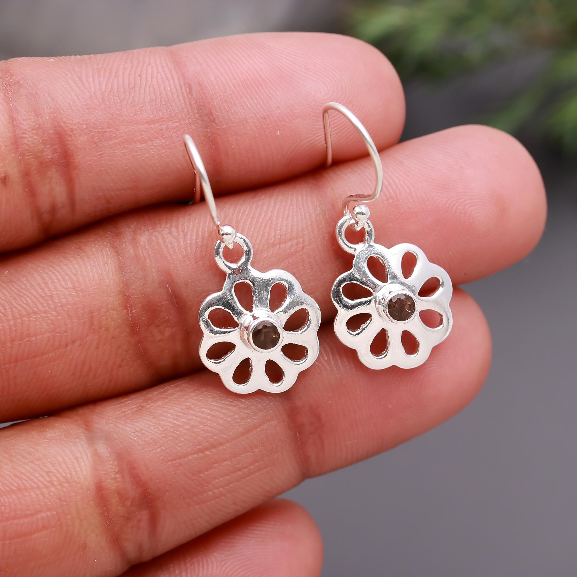 925 Silver Floral Cutout Garnet Dangle Earrings