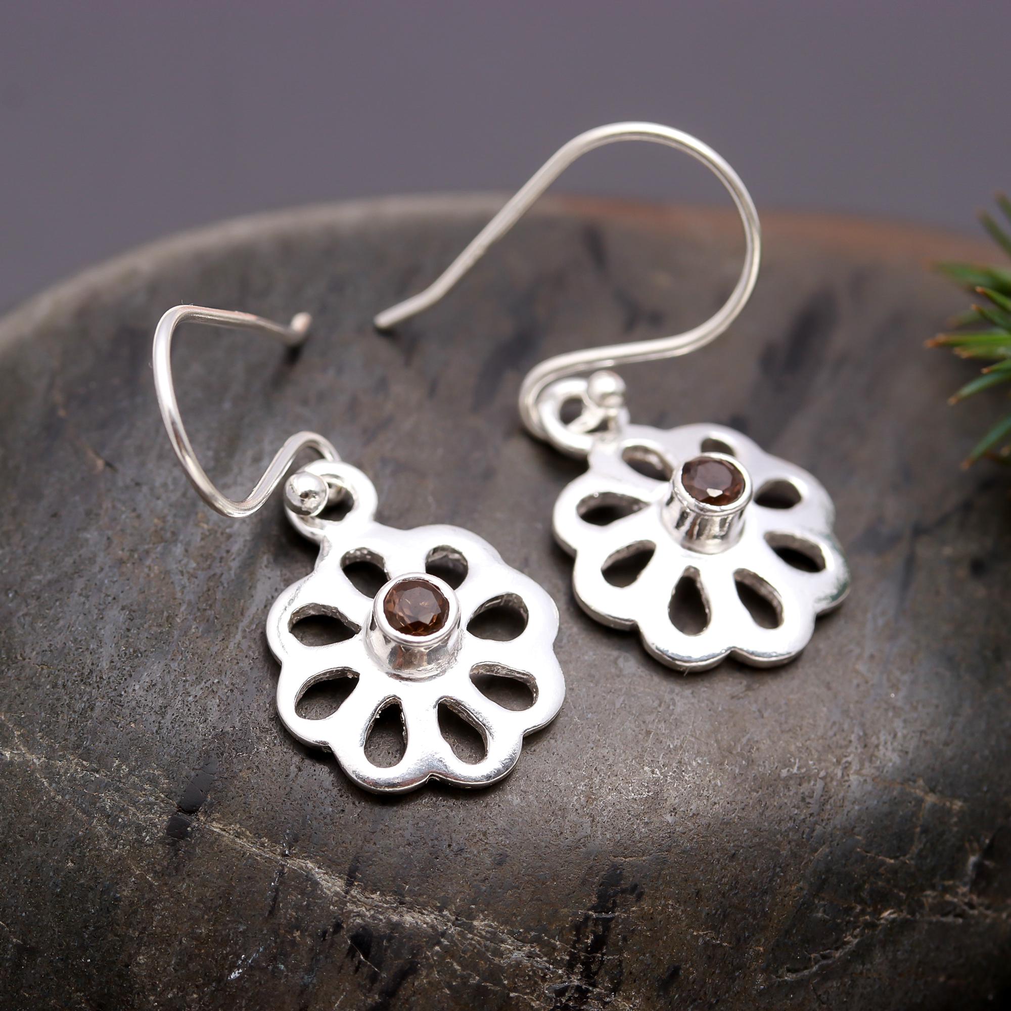 925 Silver Floral Cutout Garnet Dangle Earrings