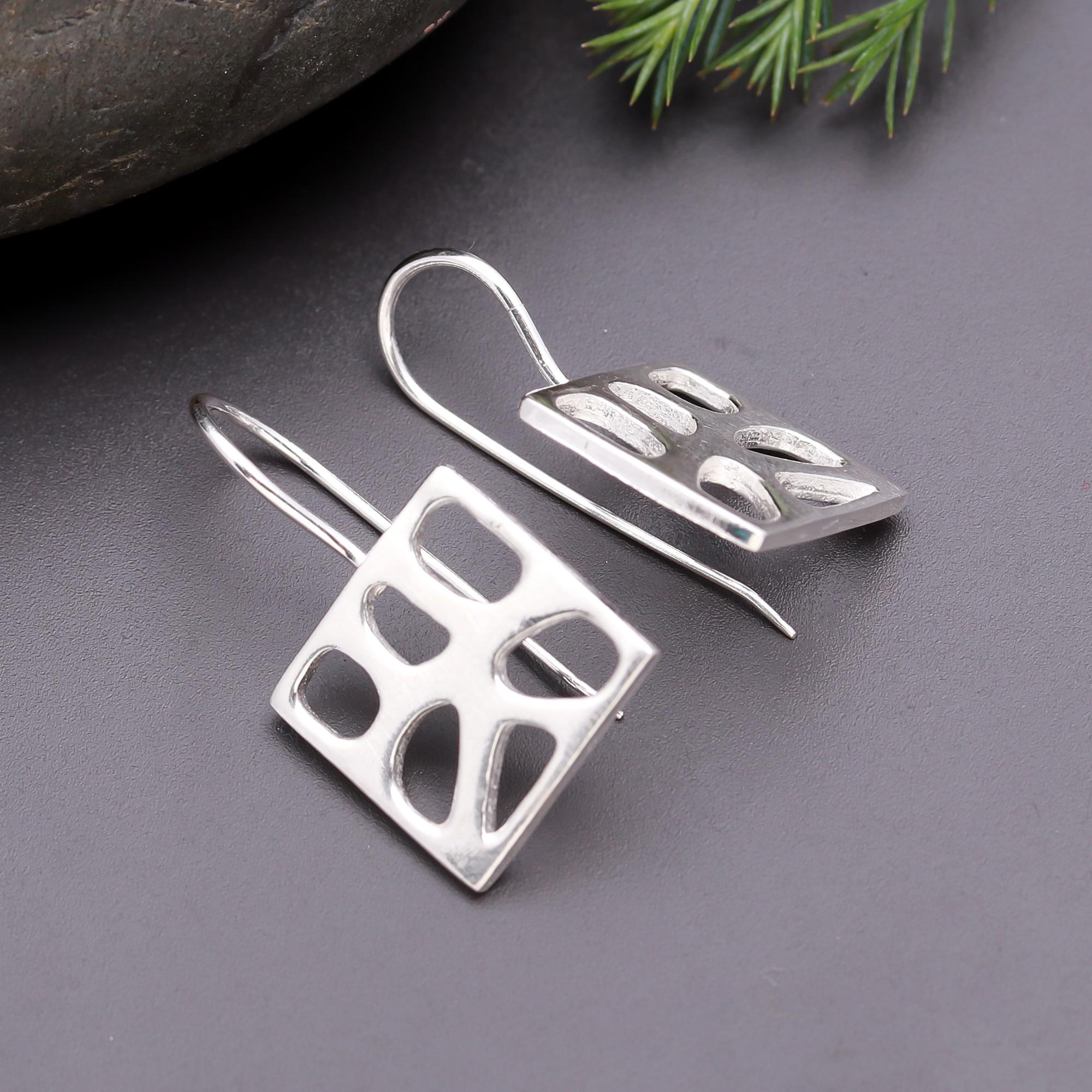925 Silver Square Cutout Dangle Earrings