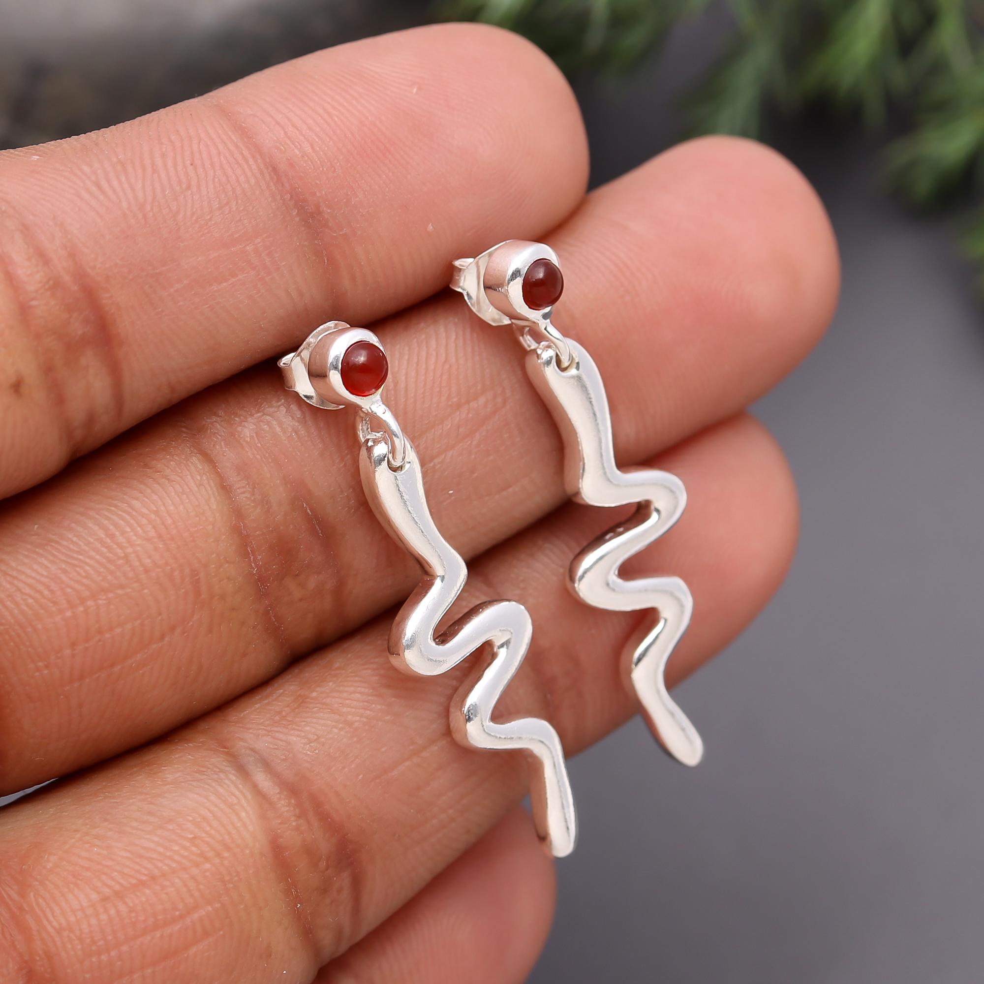 925 Silver Red Carnelian Wavy Drop Earrings
