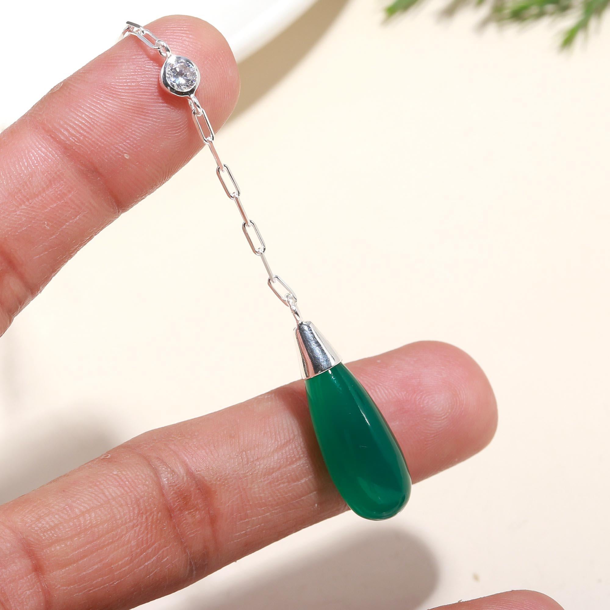 925 Sterling Silver Natural Green Onyx & CZ Paperclip Necklace