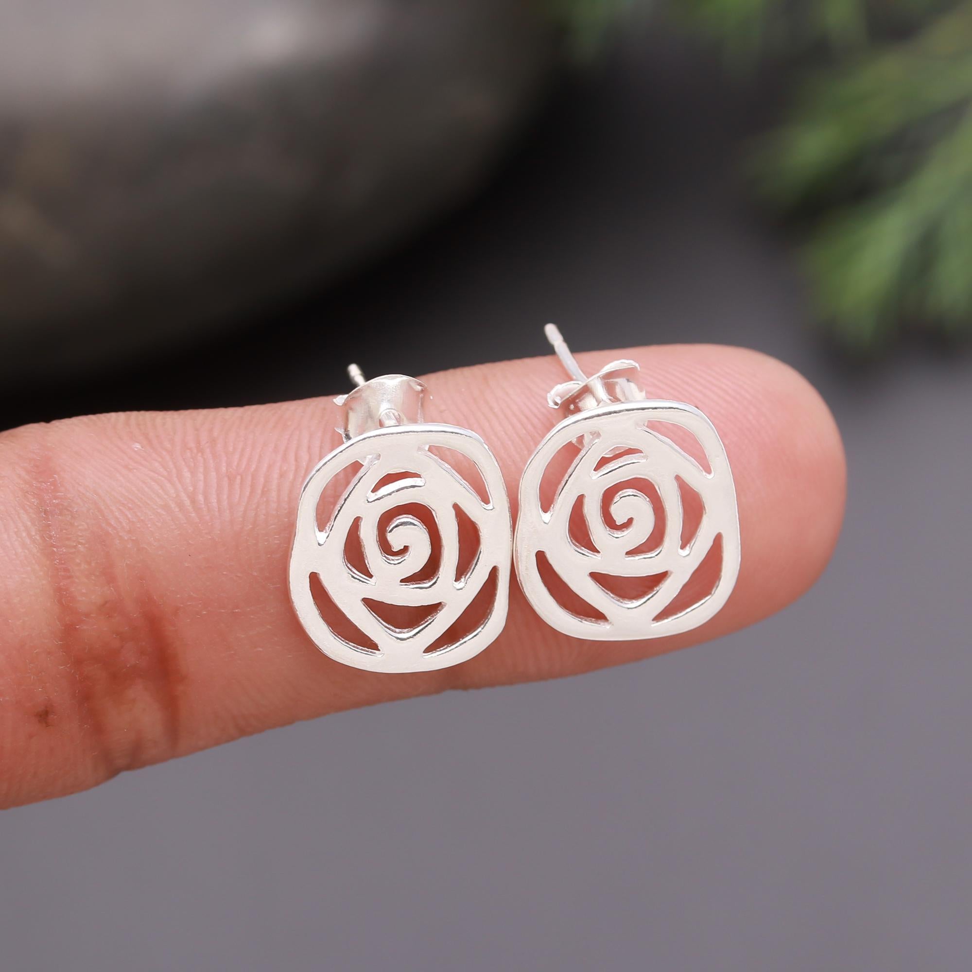 925 Silver Open Rose Stud Earrings