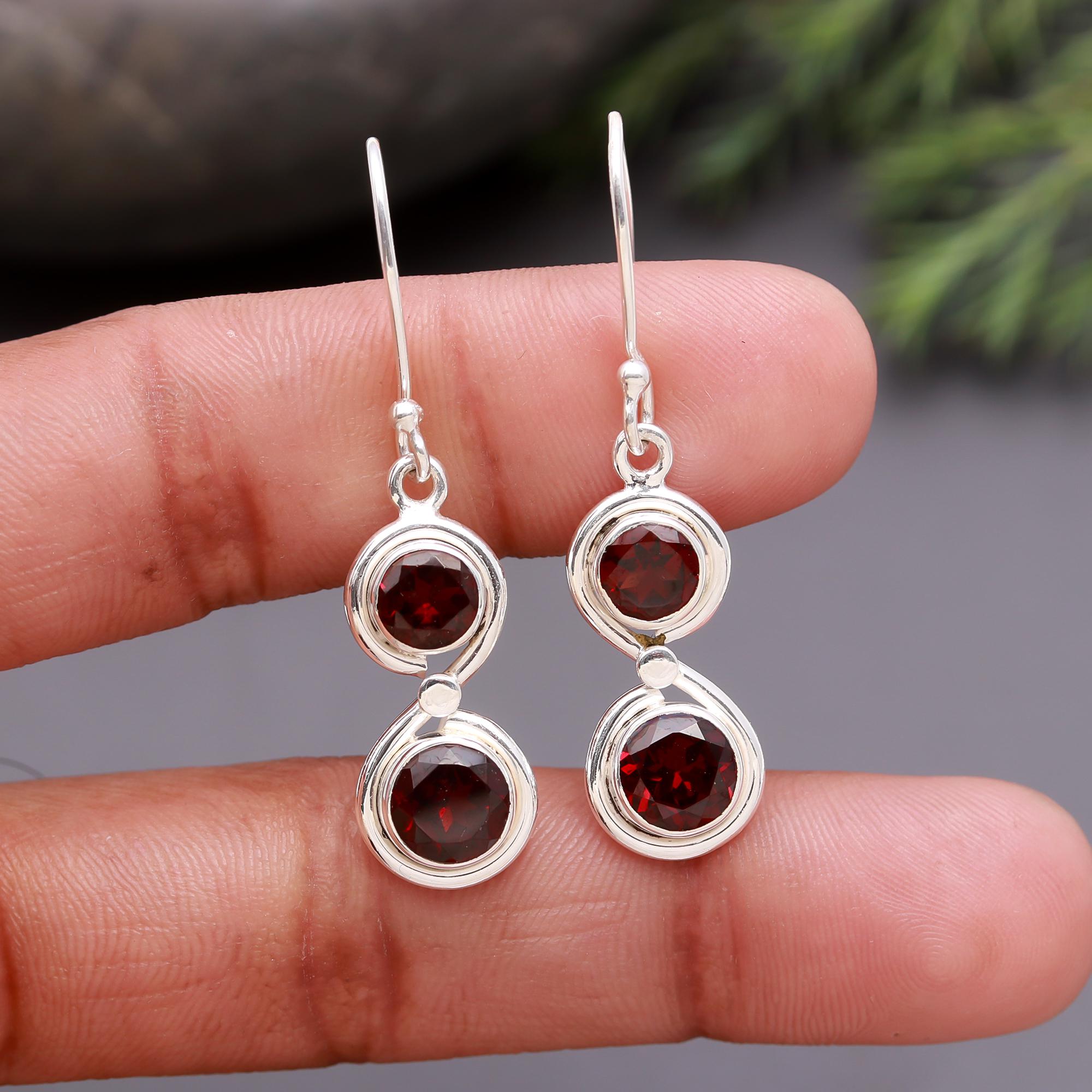 925 Silver Double Garnet Dangle Earrings