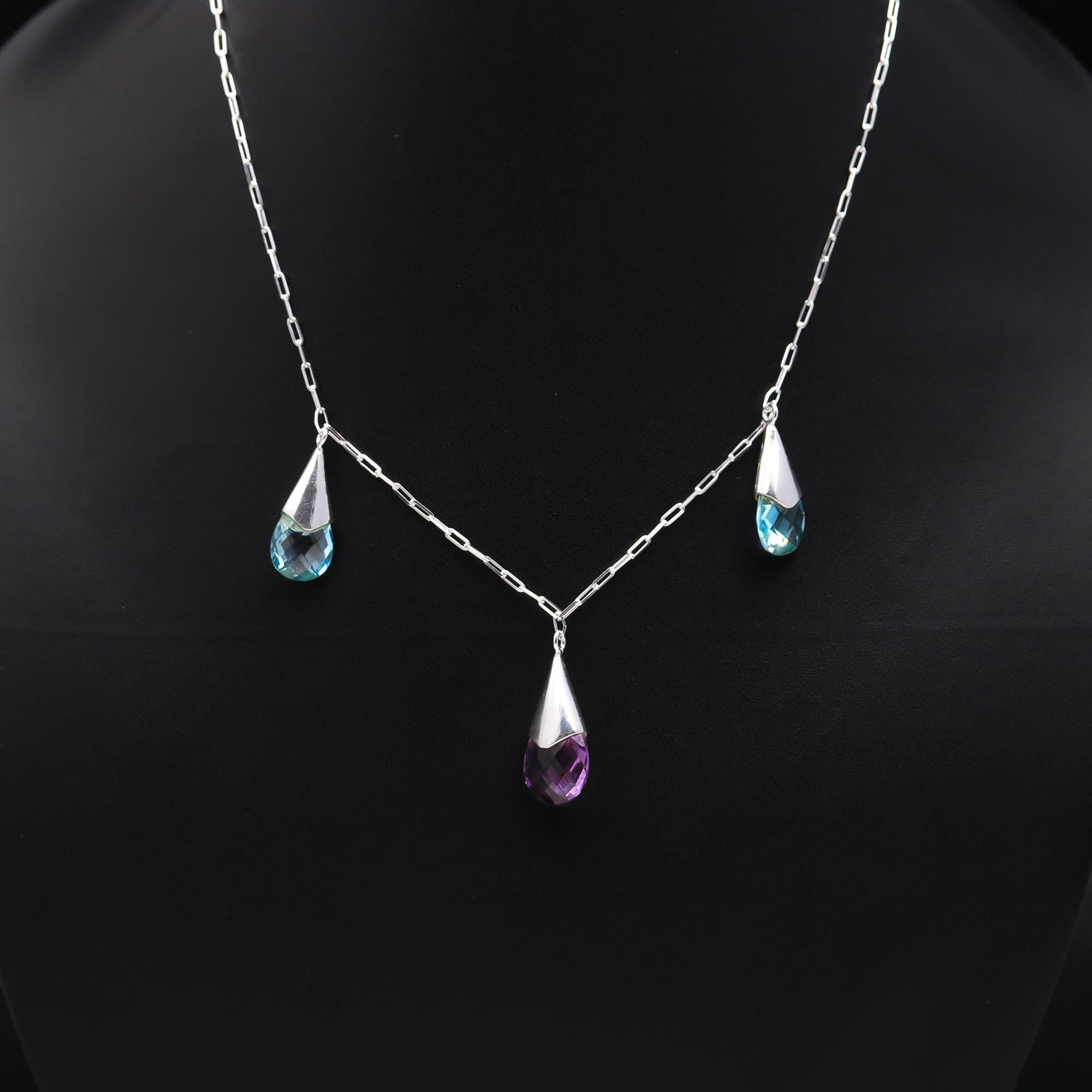925 Sterling Silver Natural Blue Topaz & Amethyst Paperclip Necklace