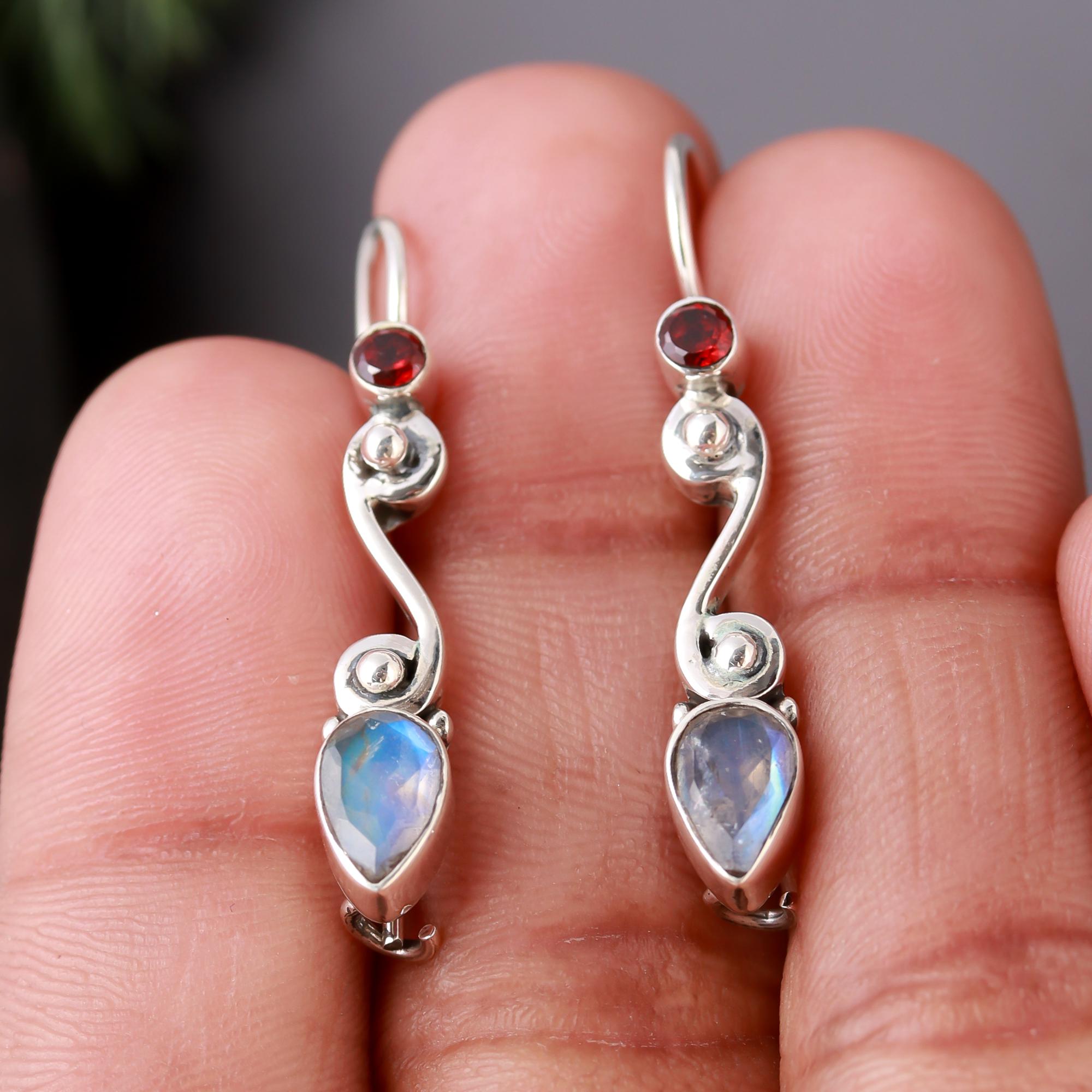 925 Silver Garnet & Moonstone Teardrop Dangle Earrings