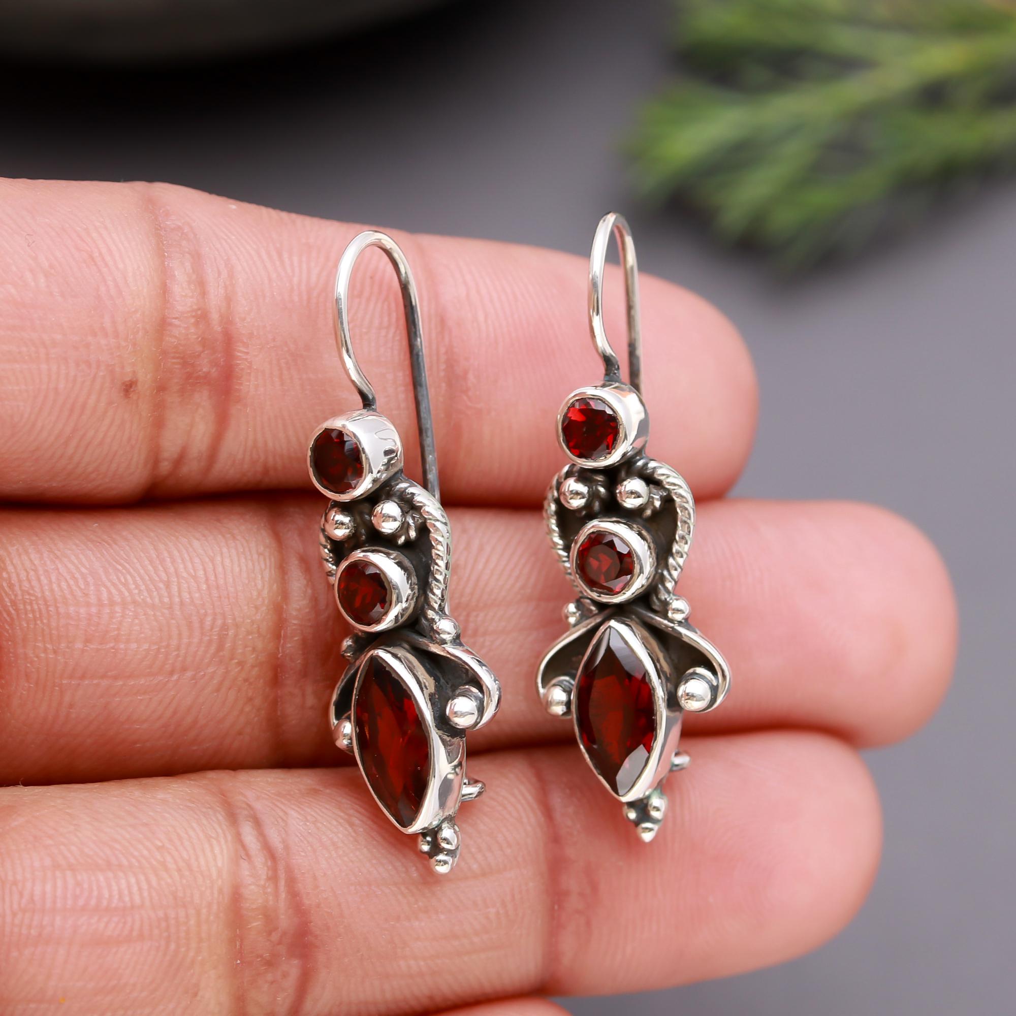 925 Silver Garnet Filigree Dangle Earrings