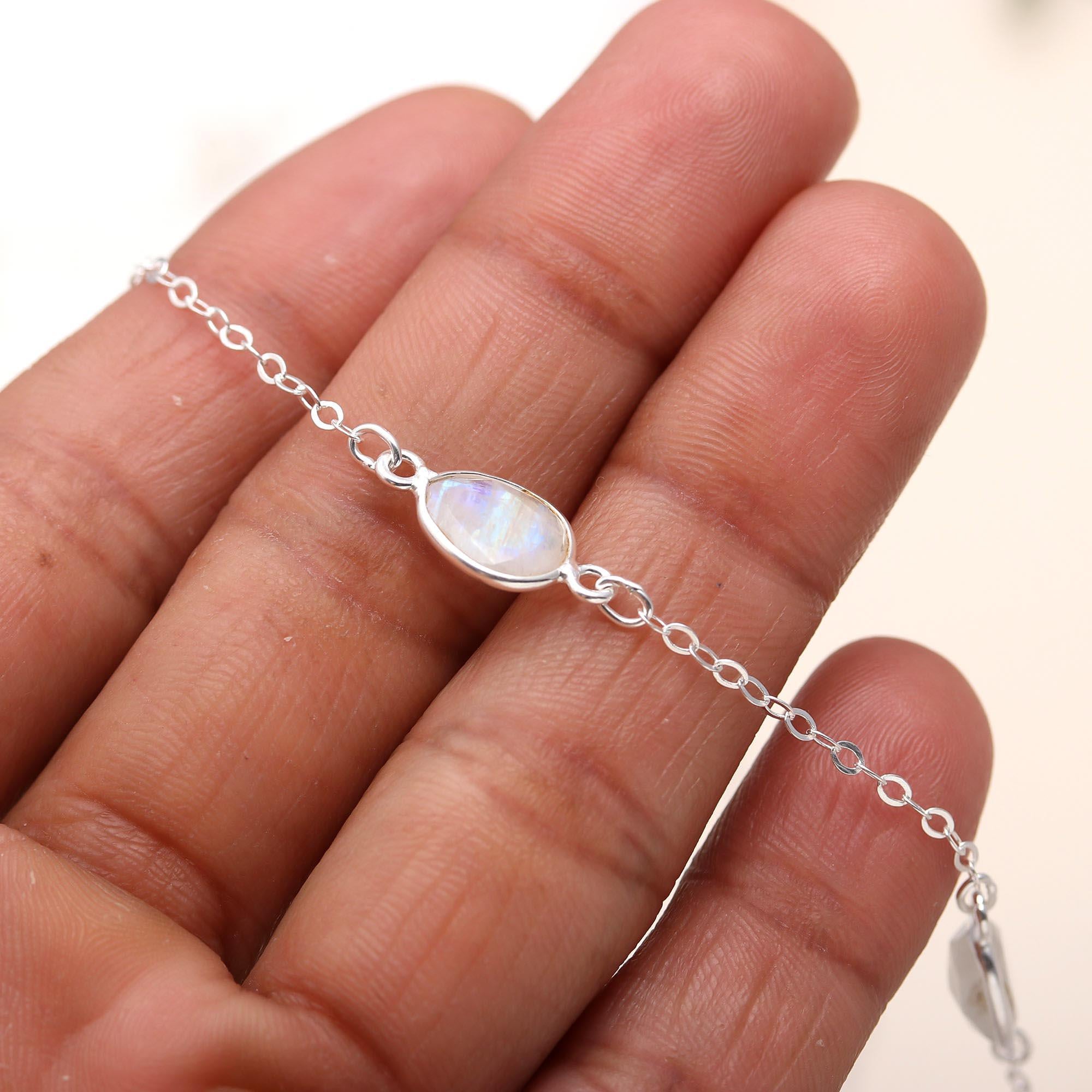 925 Sterling Silver Natural Rainbow Moonstone Anchor chain bezel Necklace