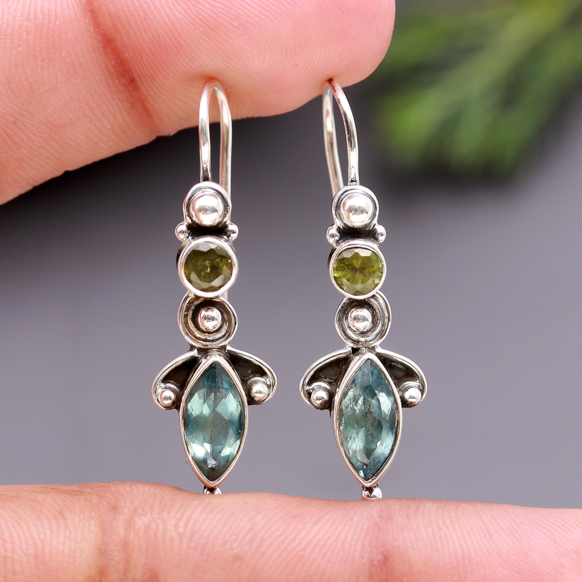 925 Silver Peridot and Blue Topaz Dangle Earrings