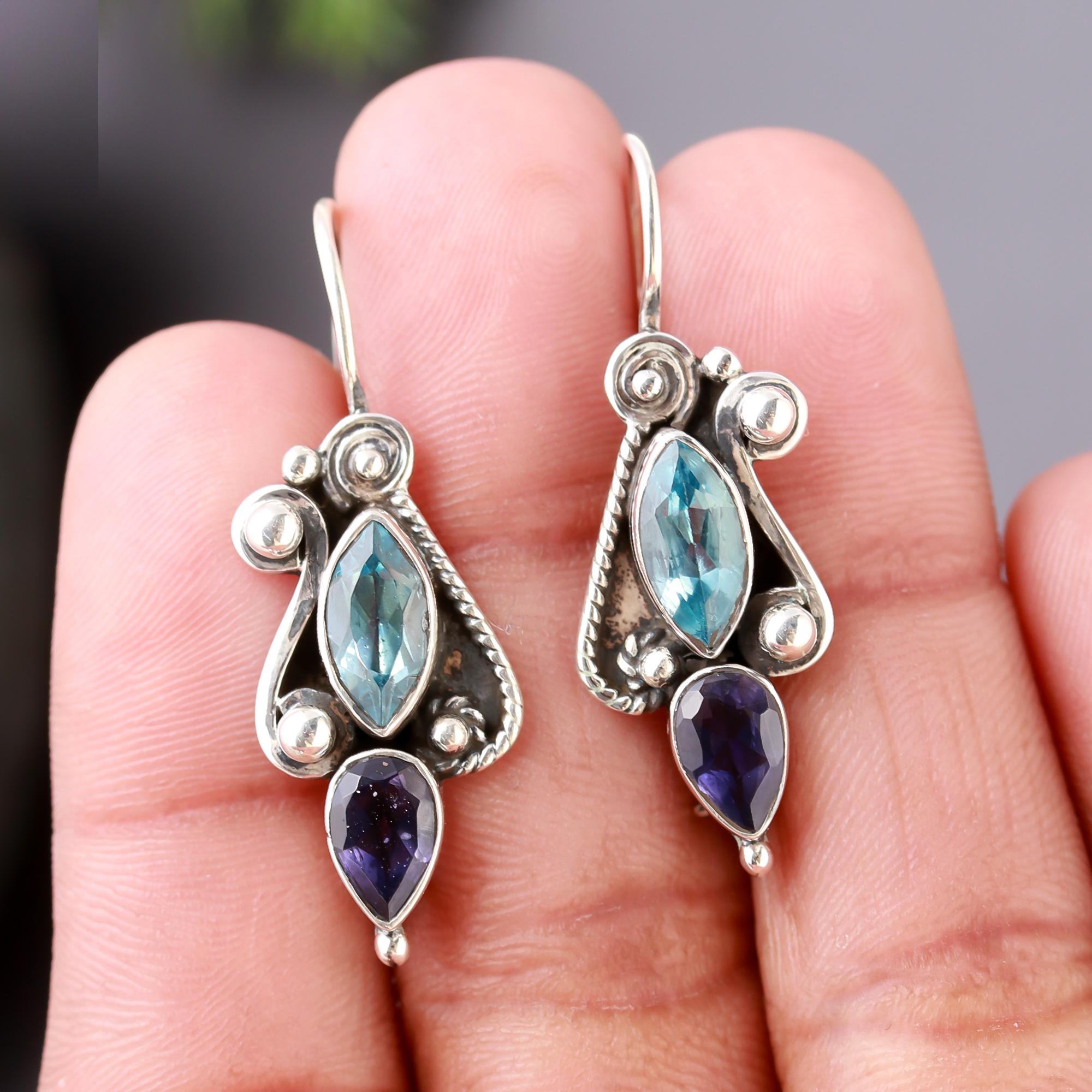 925 Silver Blue Topaz and Iolite Dangle Earrings