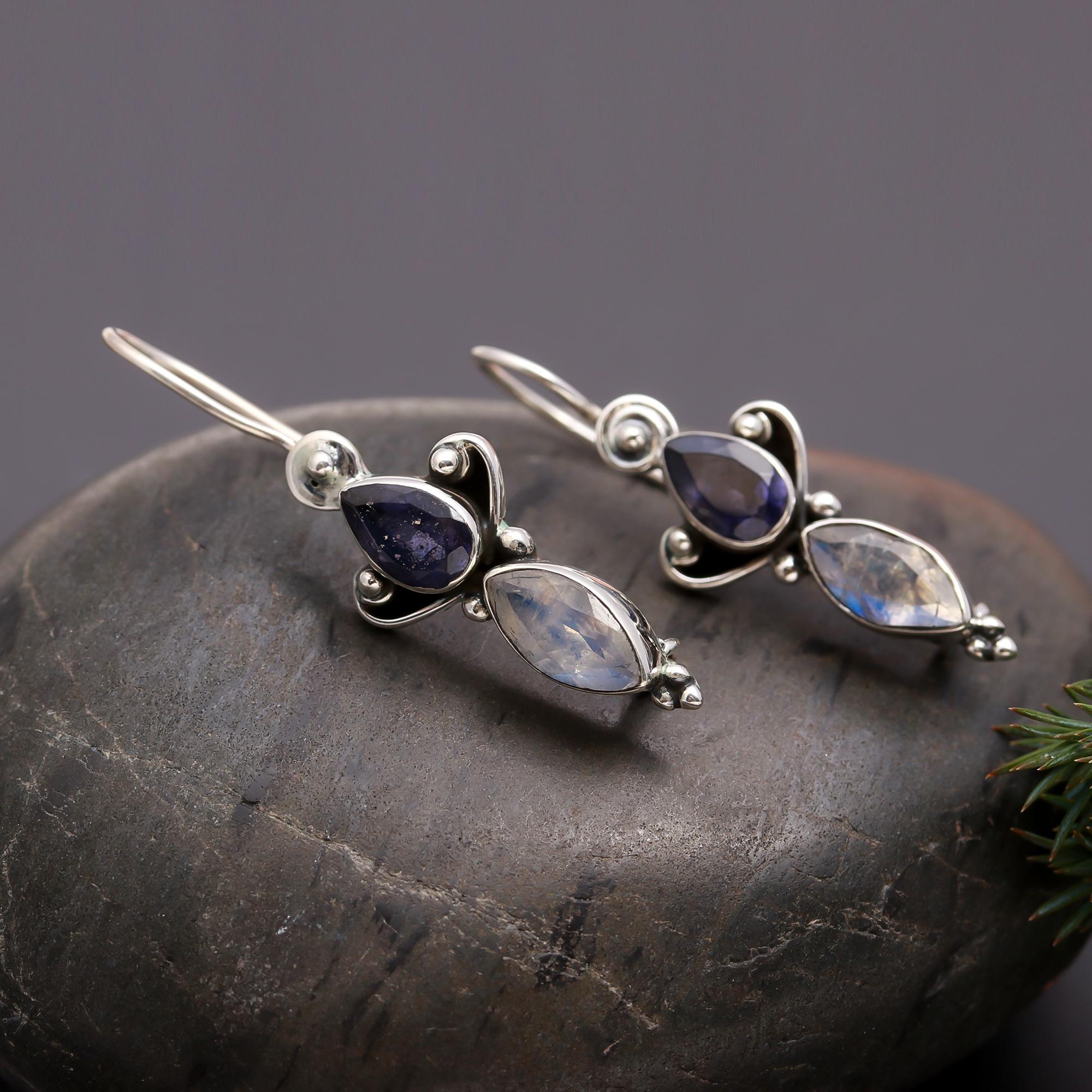 925 Silver Iolite and Moonstone Teardrop Dangle Earrings