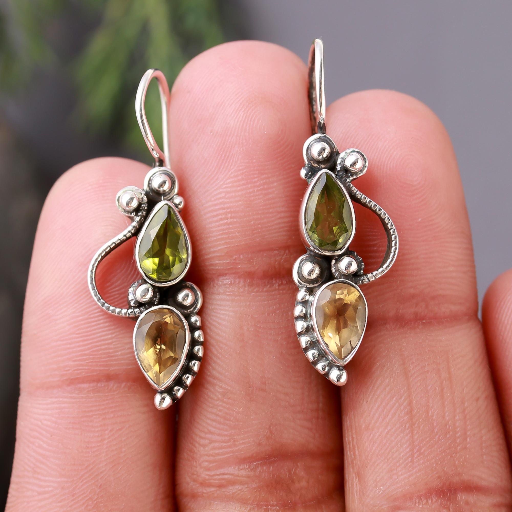 925 Silver Peridot and Citrine Teardrop Dangle Earrings