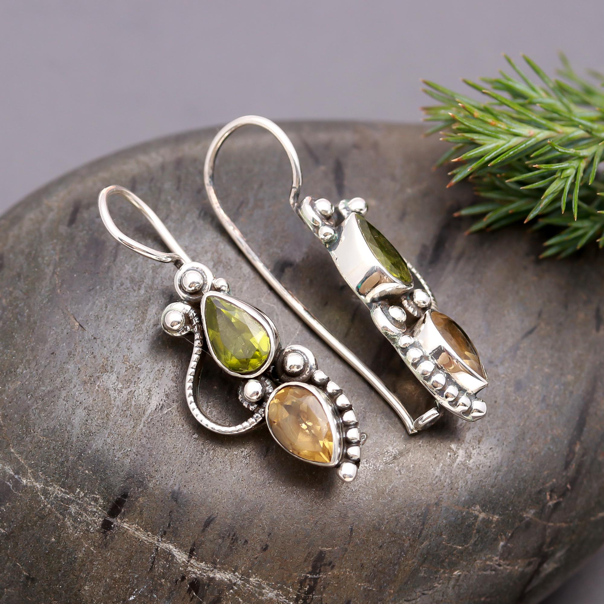 925 Silver Peridot and Citrine Teardrop Dangle Earrings