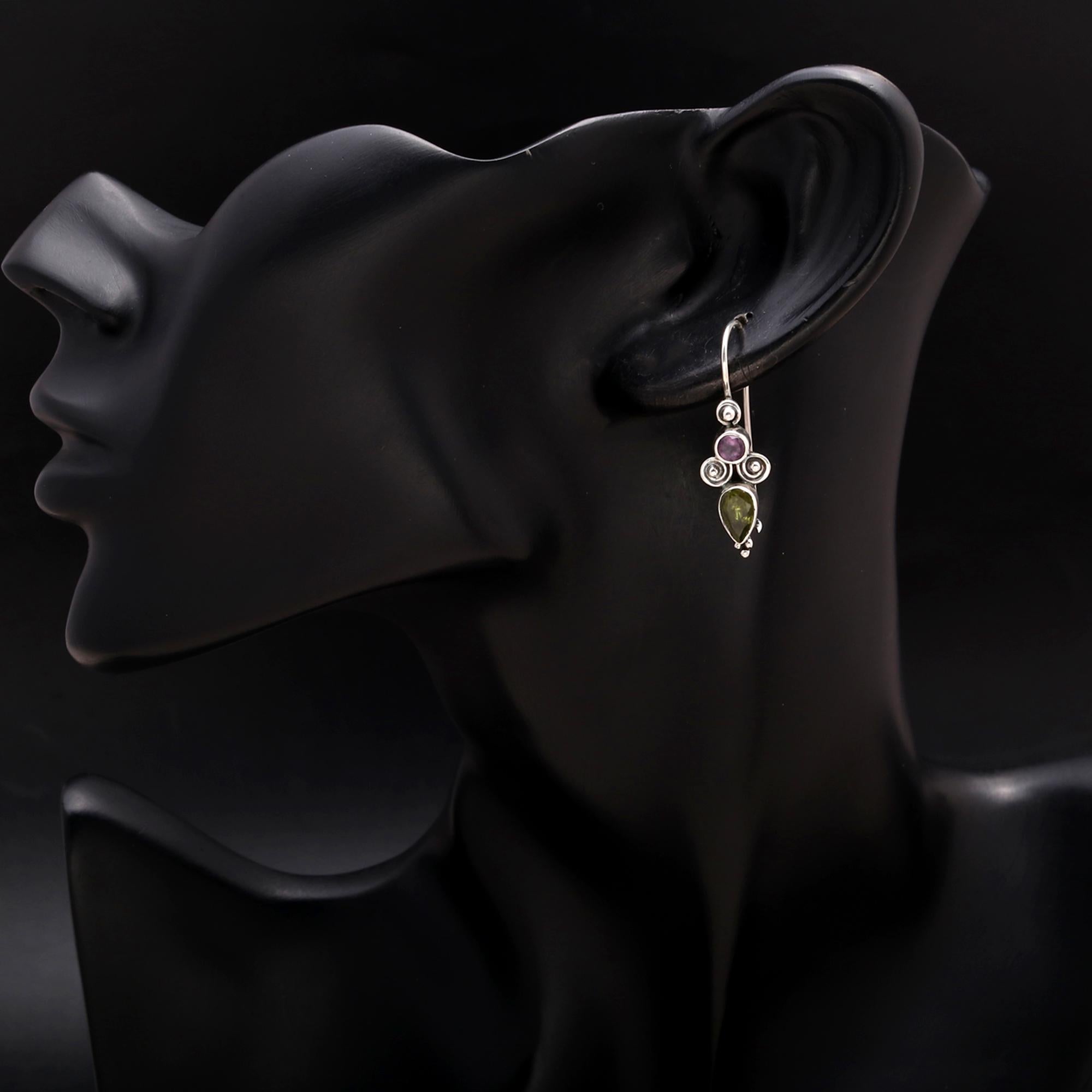 925 Silver Peridot and Amethyst Boho Dangle Earrings