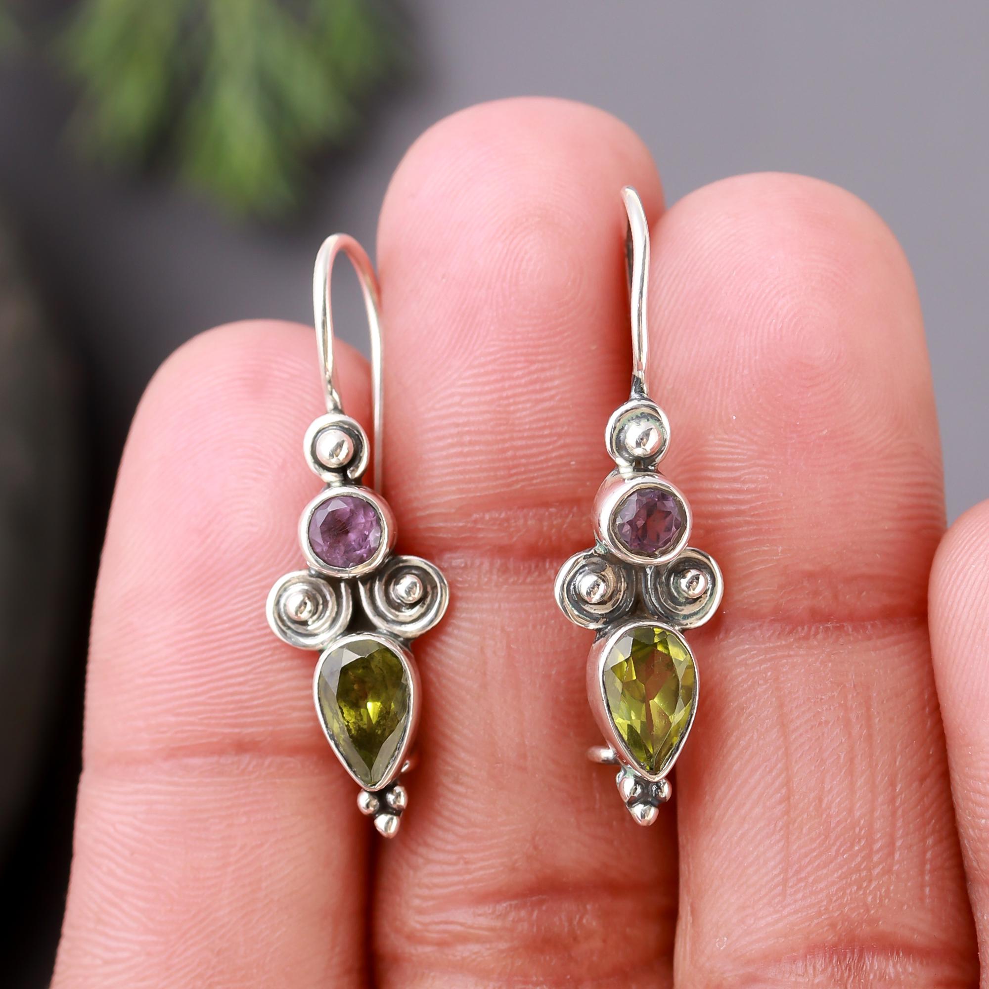 925 Silver Peridot and Amethyst Boho Dangle Earrings
