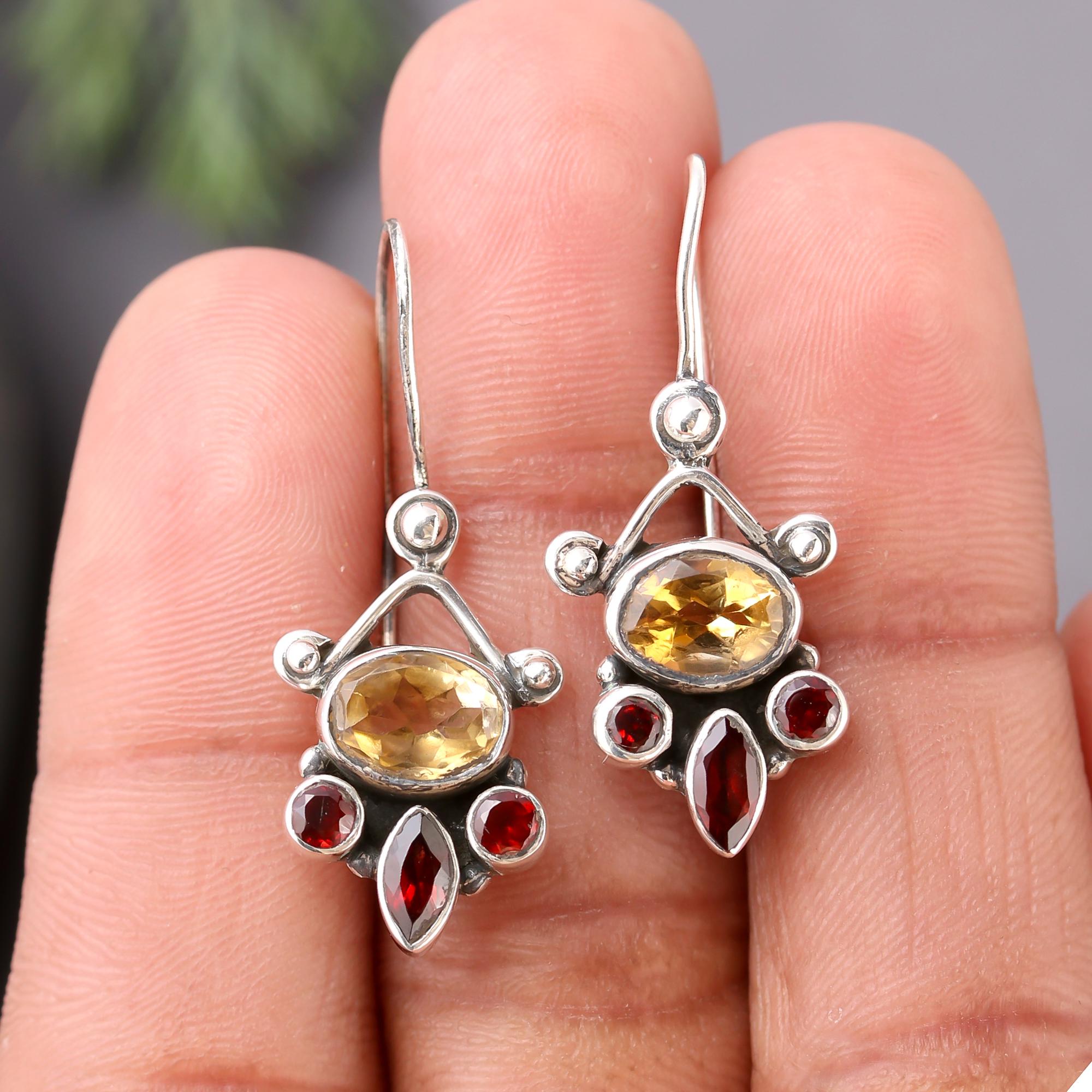 925 Silver Citrine and Garnet Dangle Earrings