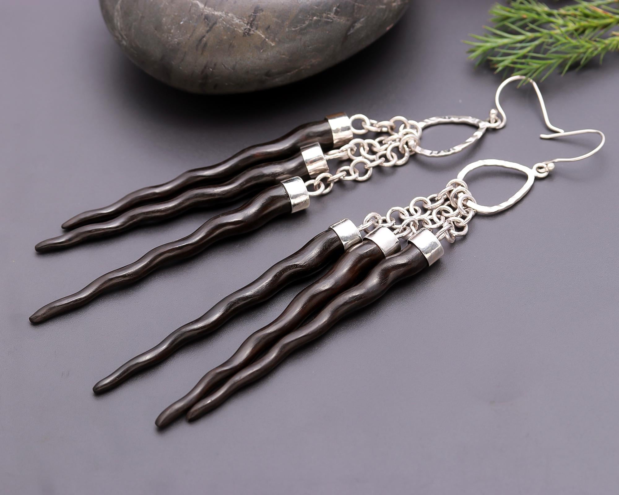 925 Silver Chains Long Black Wood Twists Dangle Earrings