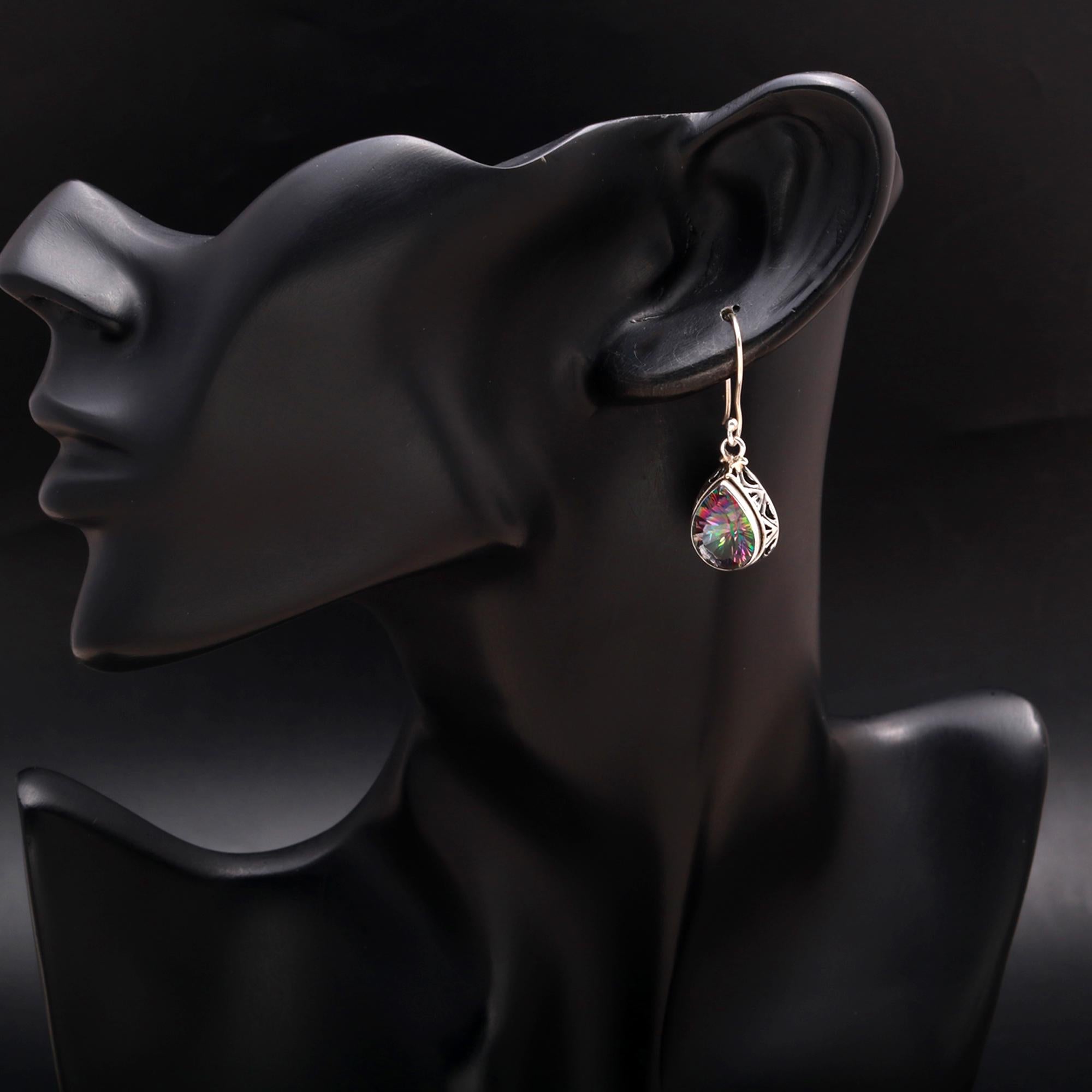 925 Silver Pear Mystic Topaz Filigree Drop Earrings