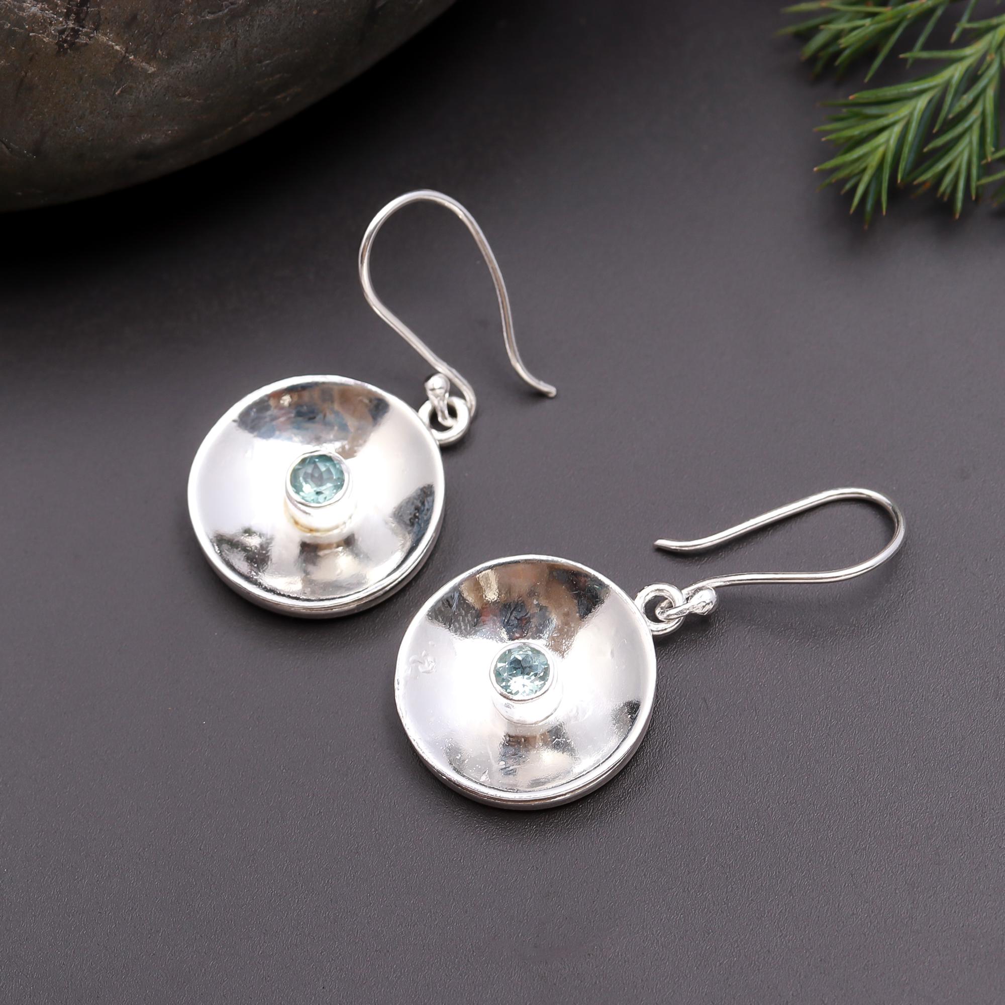 925 Silver Concave Disc Blue Topaz Dangle Earrings