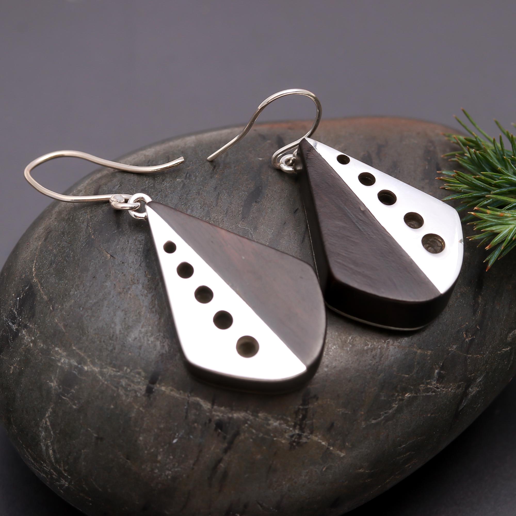 925 Silver Black Wood Dangle Earrings
