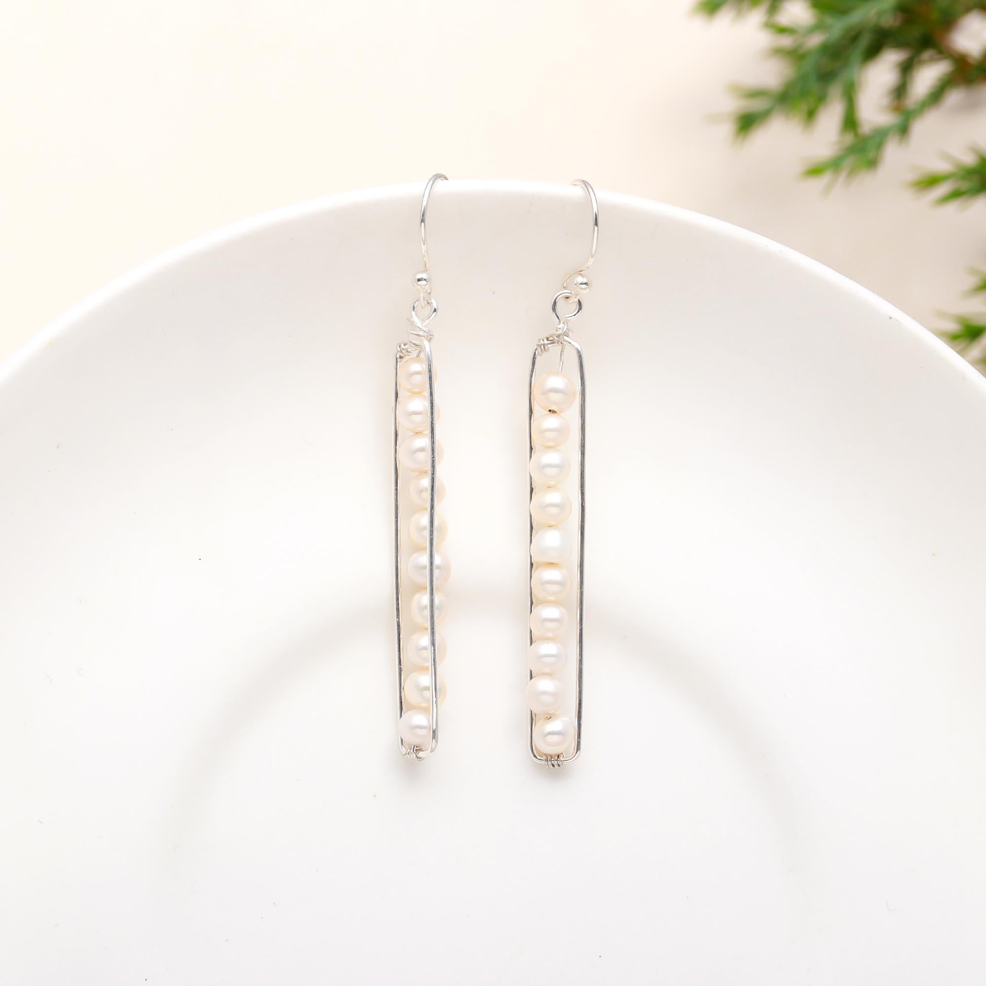 925 Sterling Silver White Pearl Bar Dangle Earrings