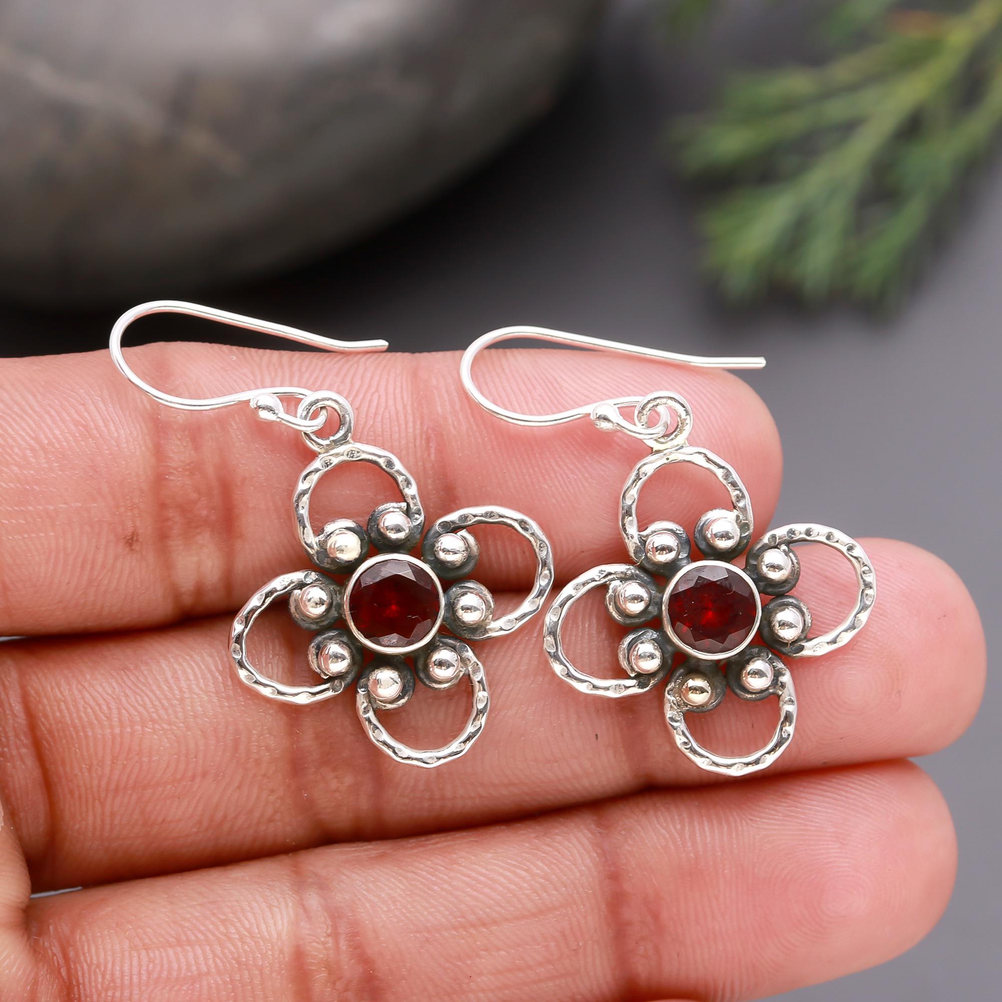 925 Silver Floral Garnet Dangle Earrings