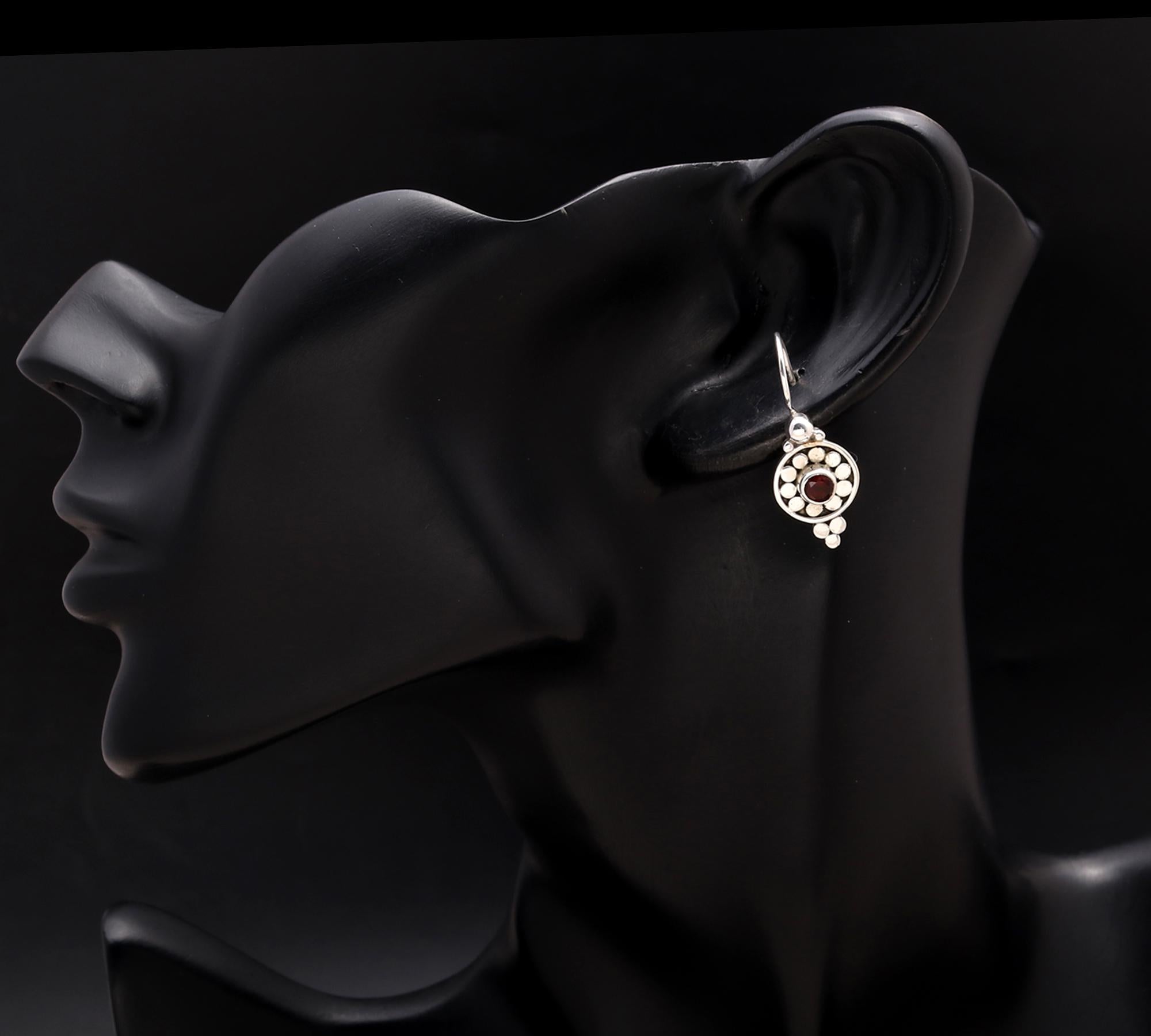 925 Silver Round Garnet Floral Drop Earrings