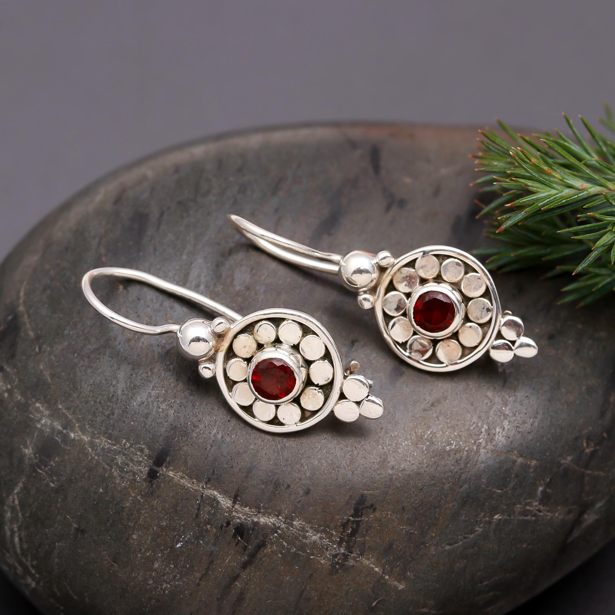 925 Silver Round Garnet Floral Drop Earrings