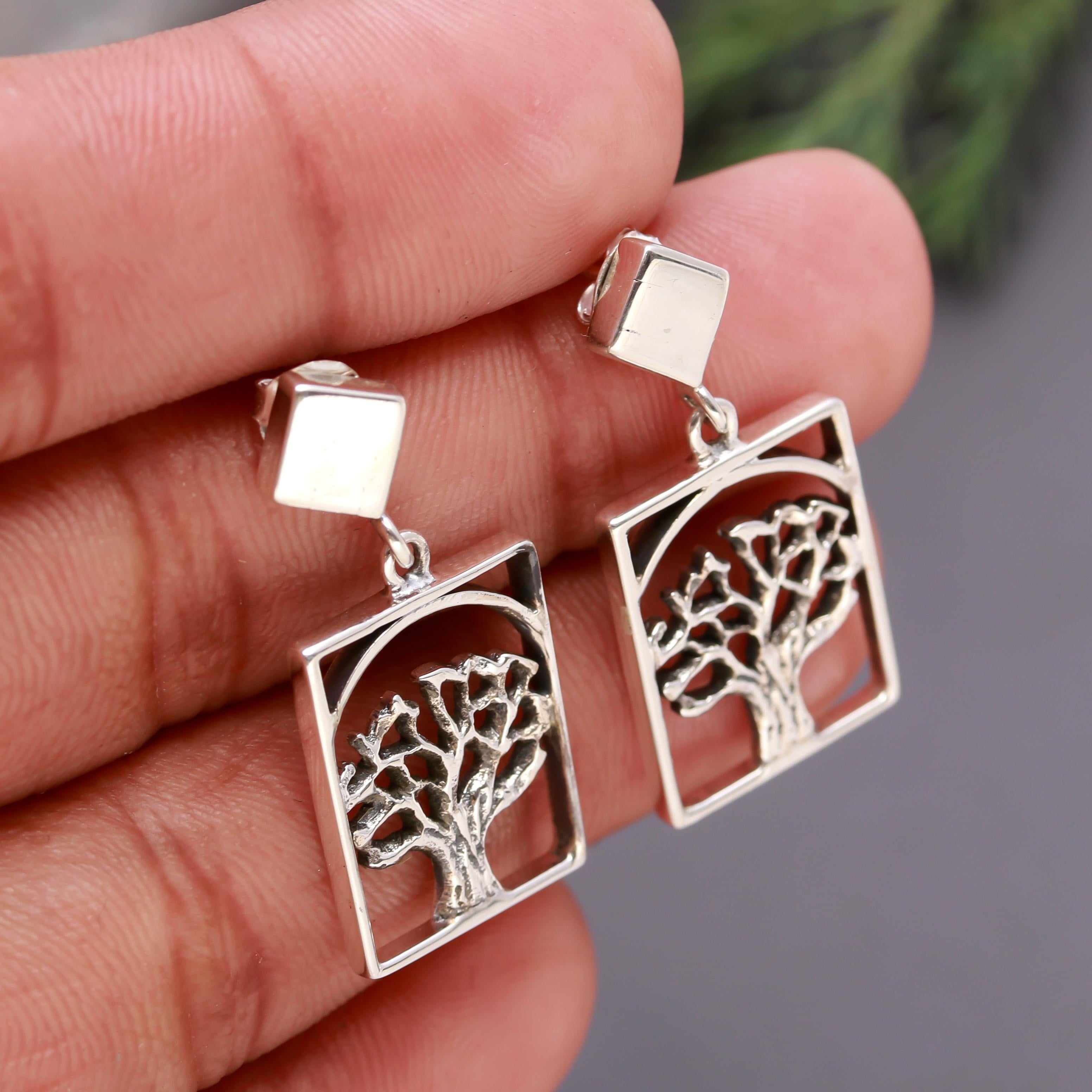 925 Silver Tree of Life Rectangle Drop Earrings