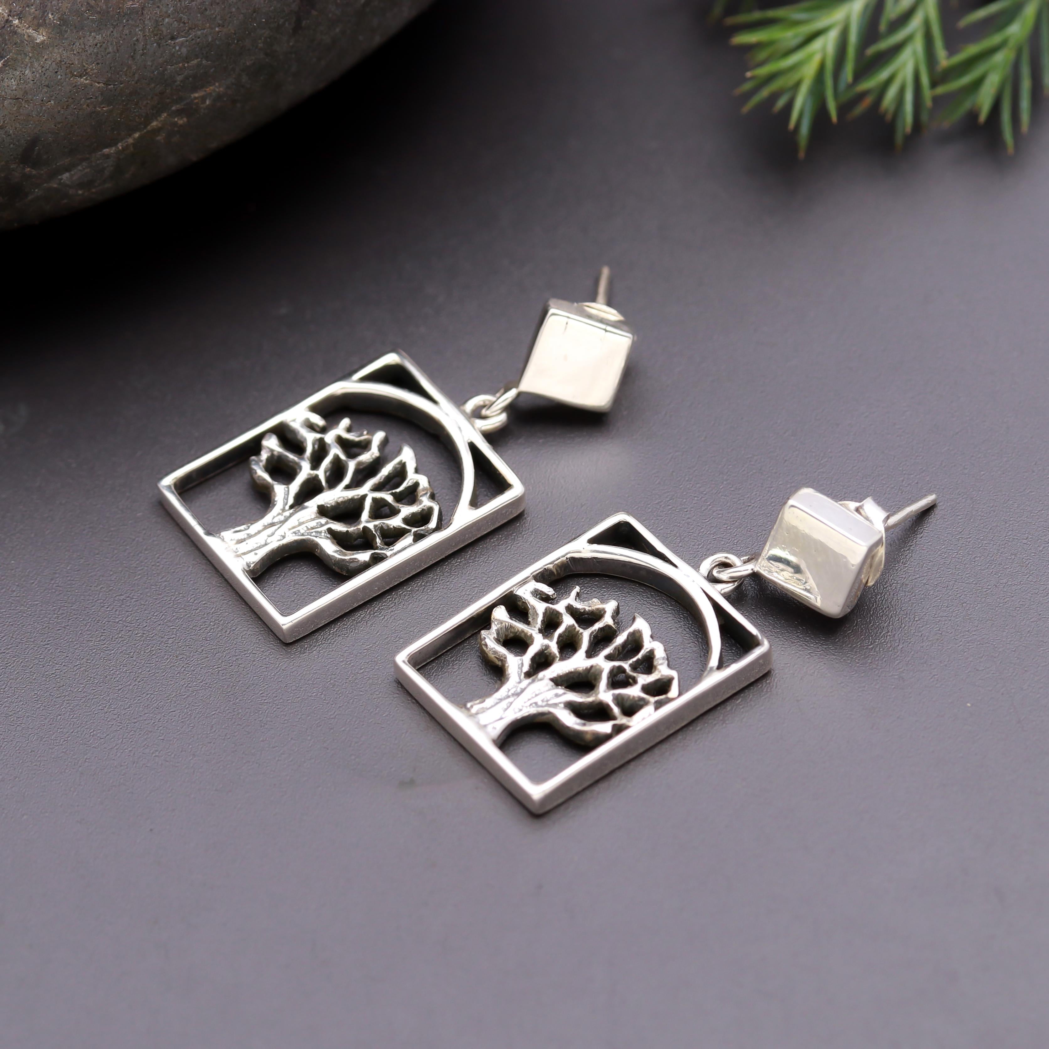 925 Silver Tree of Life Rectangle Drop Earrings