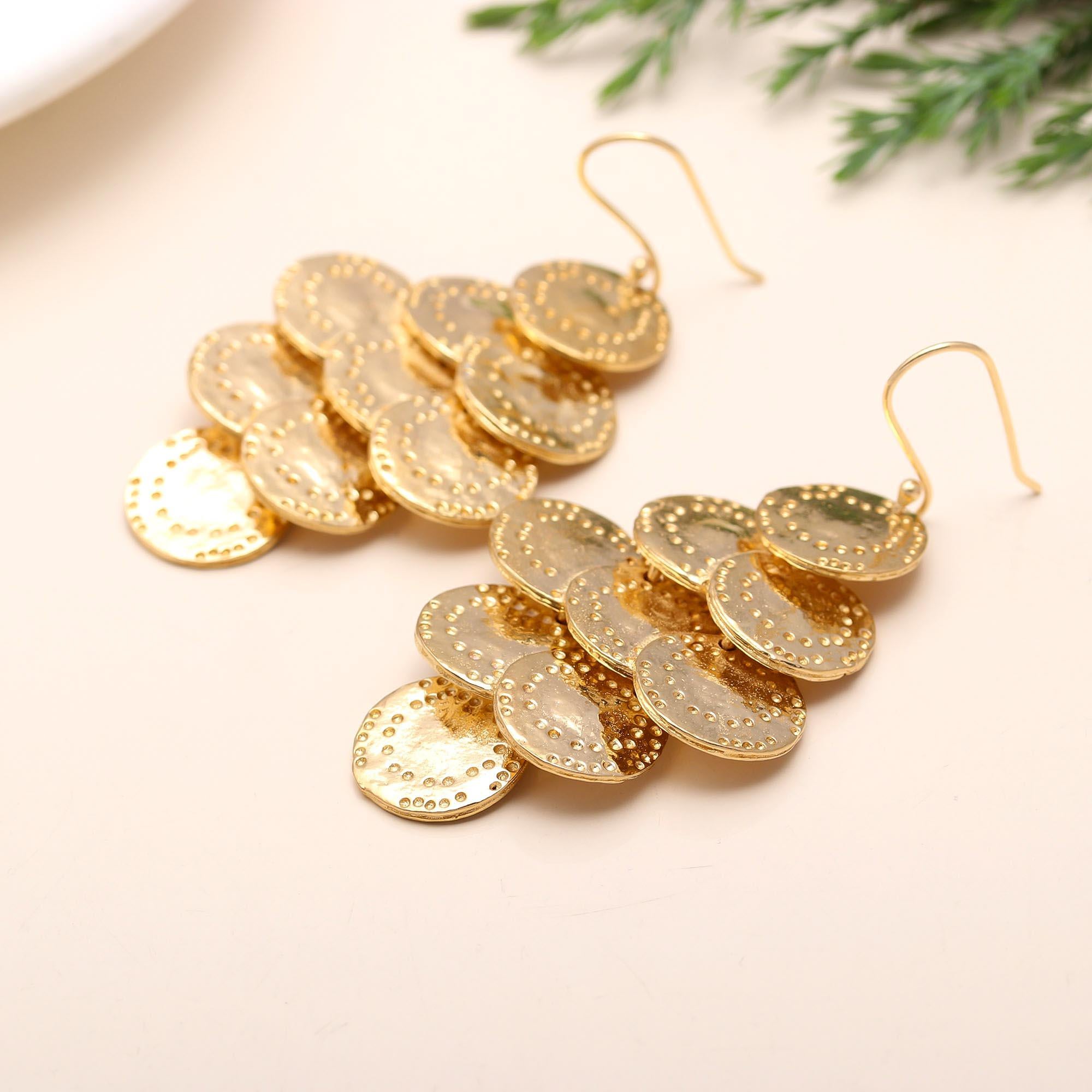 Designer Brass Coin Motif Dangle Earrings Birthday, Anniversary, Women, Girls,