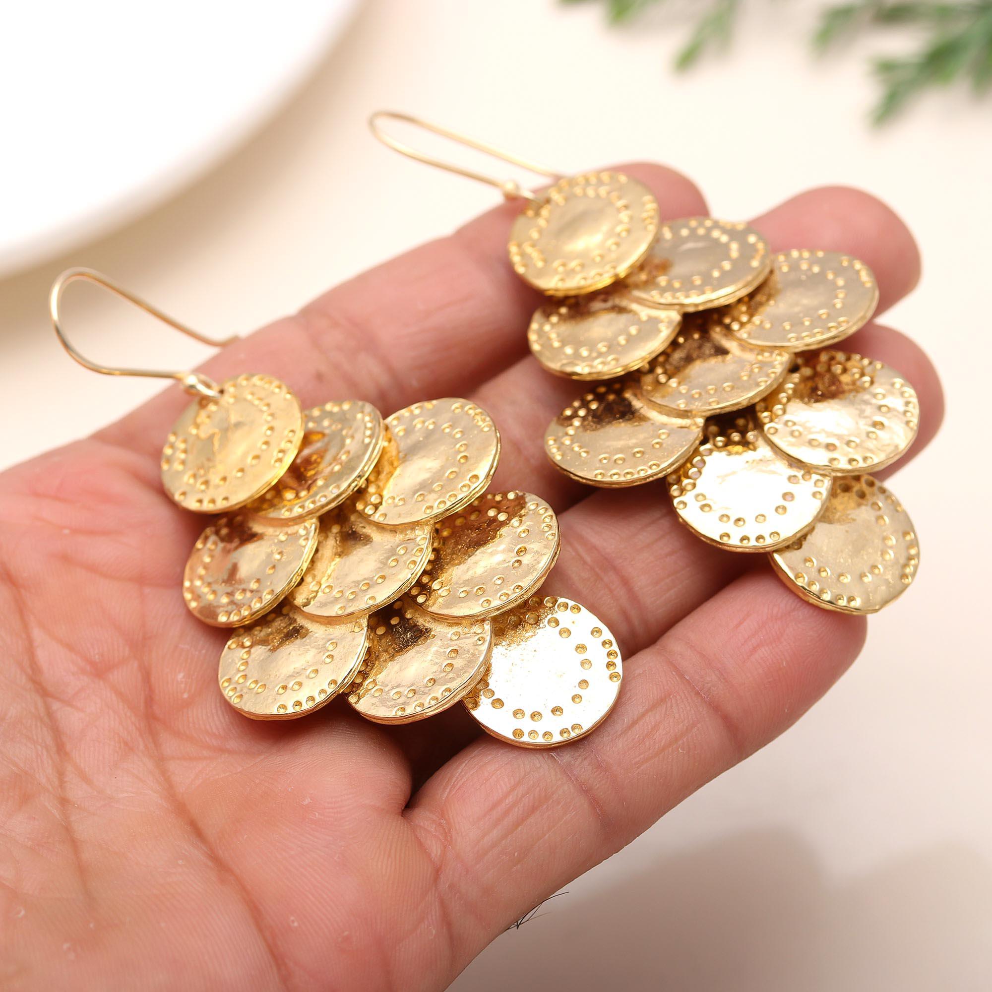 Designer Brass Coin Motif Dangle Earrings Birthday, Anniversary, Women, Girls,