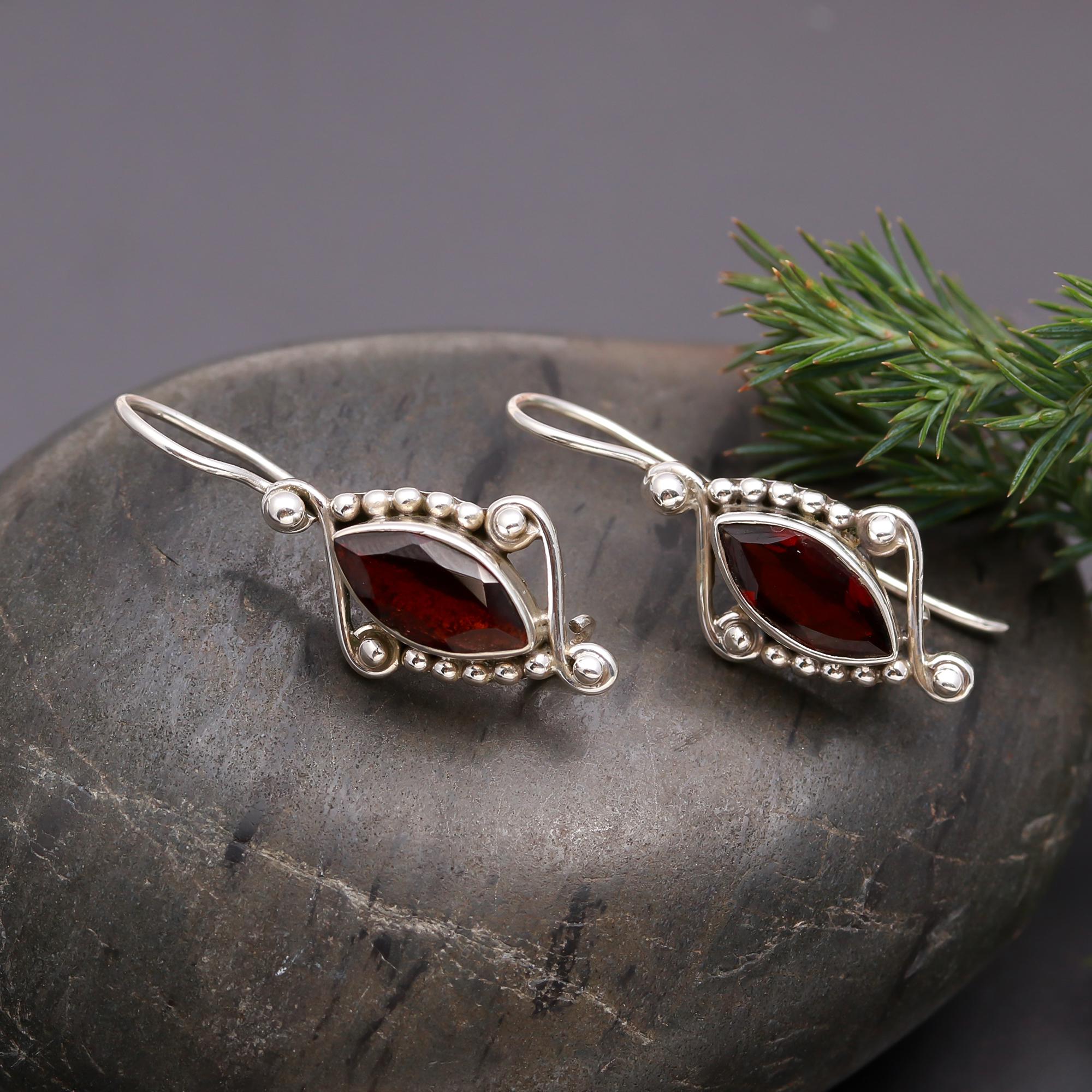 925 Silver Marquise Garnet Dangle Earrings
