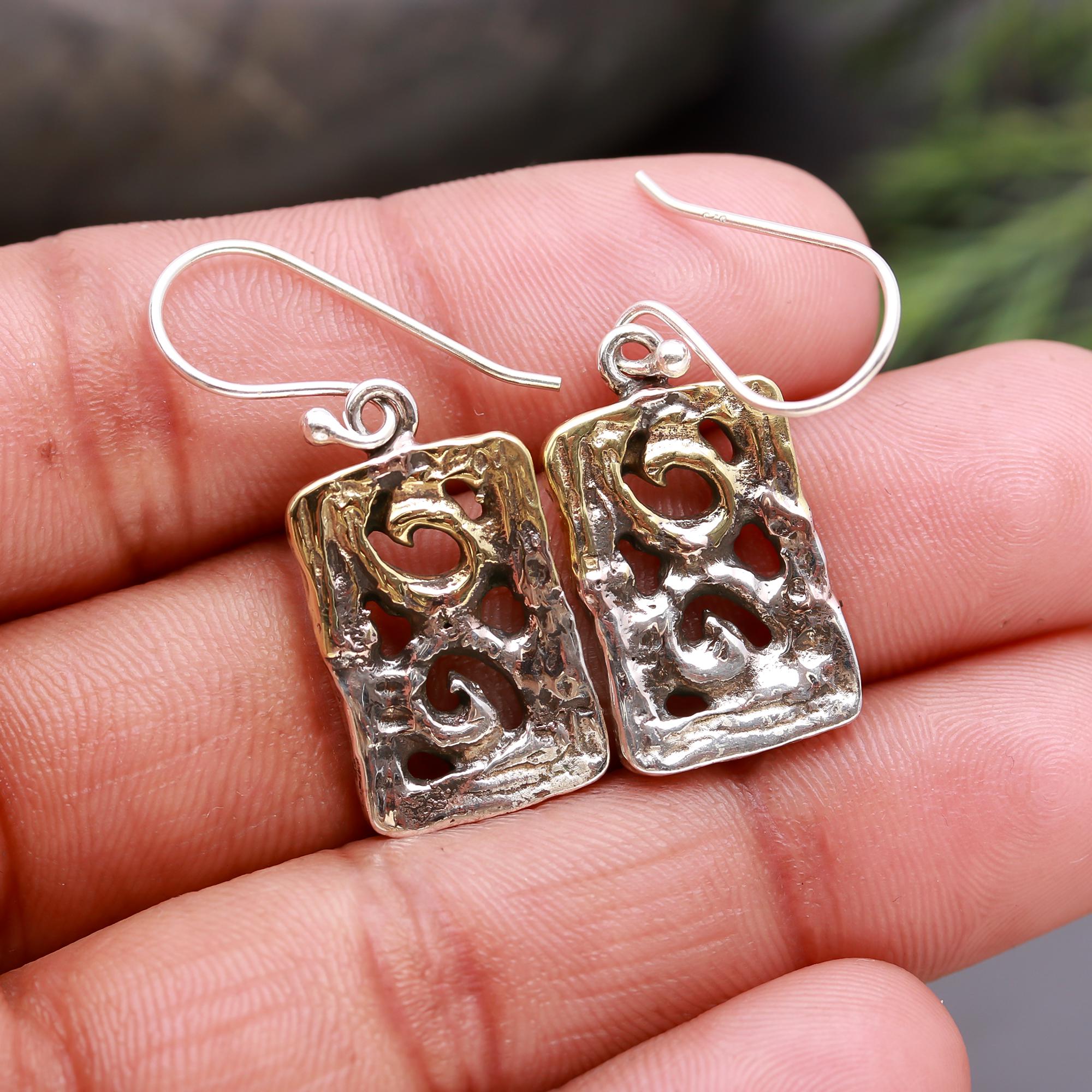 925 Silver Textured Rectangle Swirl Dangle Earrings