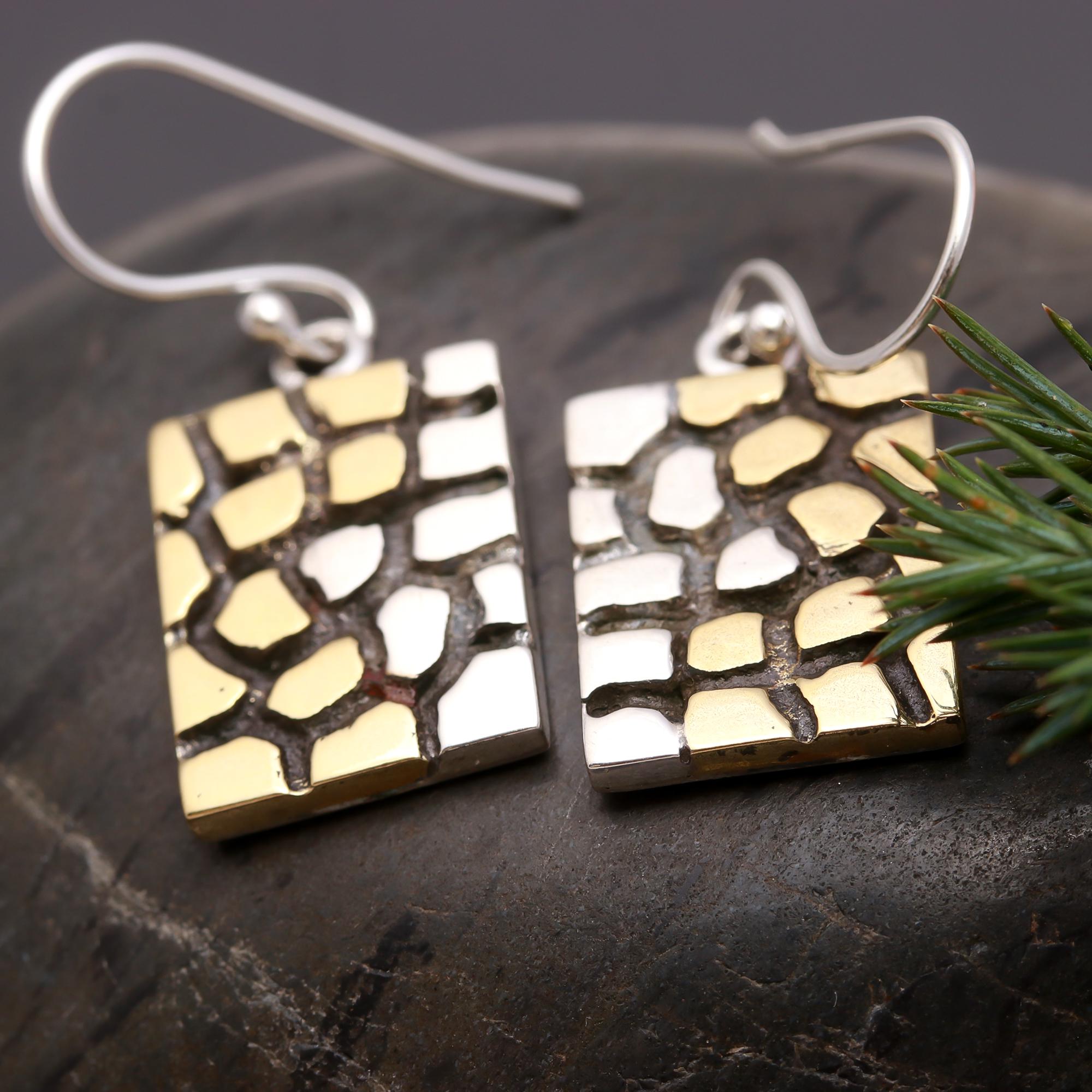 925 Silver Mosaic Pattern Rectangle Dangle Earrings