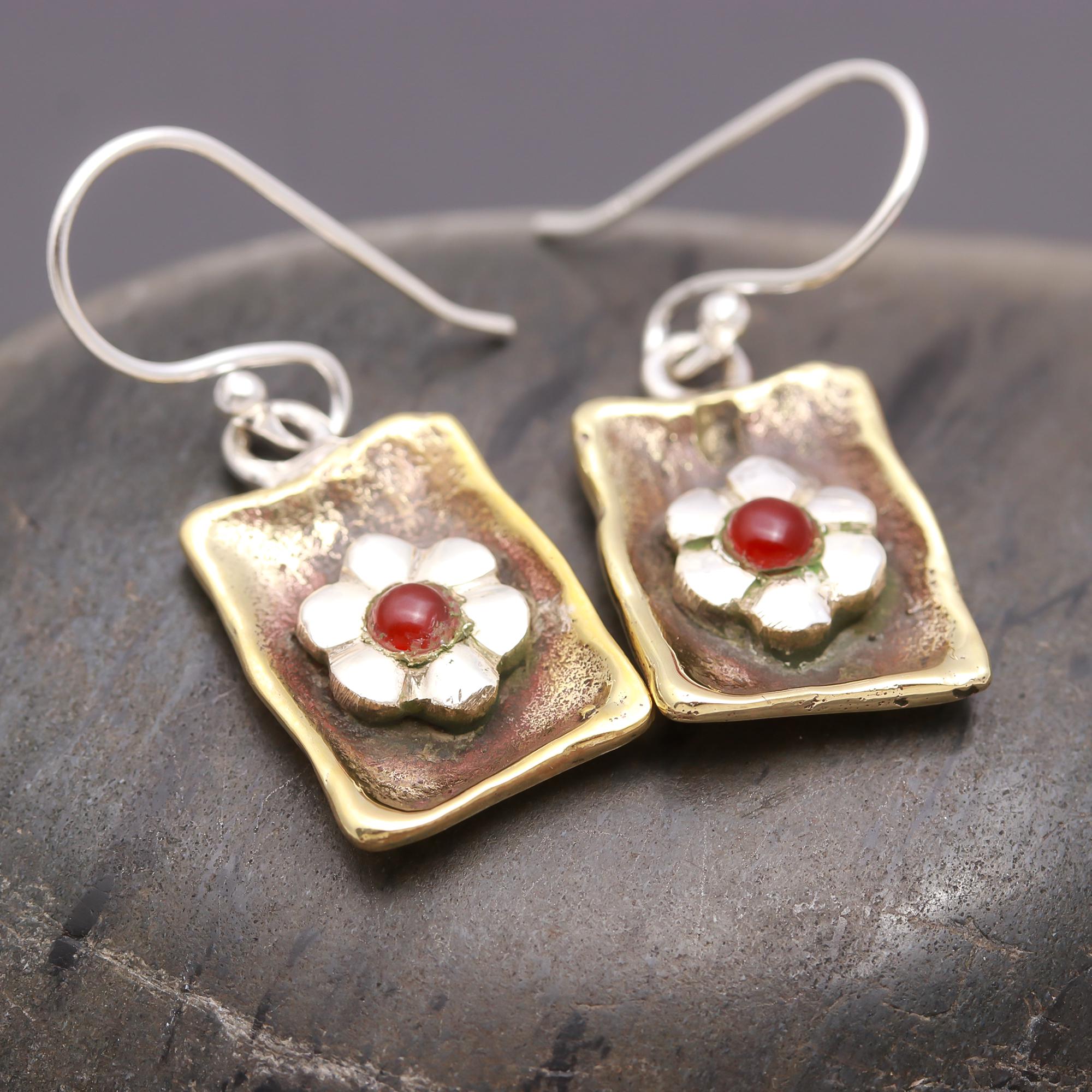 925 Silver Floral Red Stone Dangle Earrings
