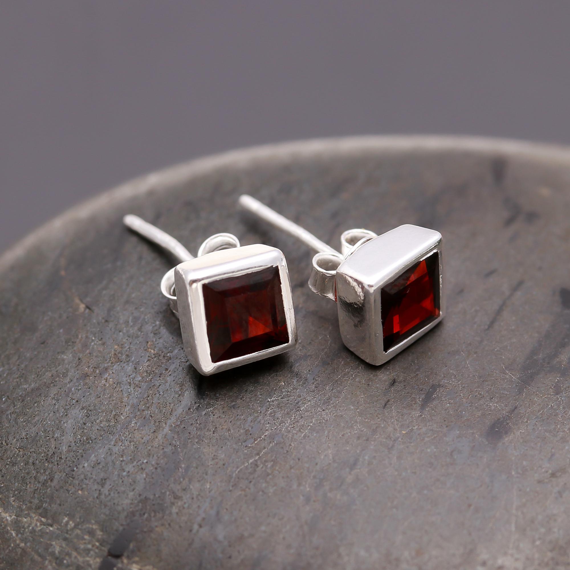 925 Silver Square Garnet Stud Earrings