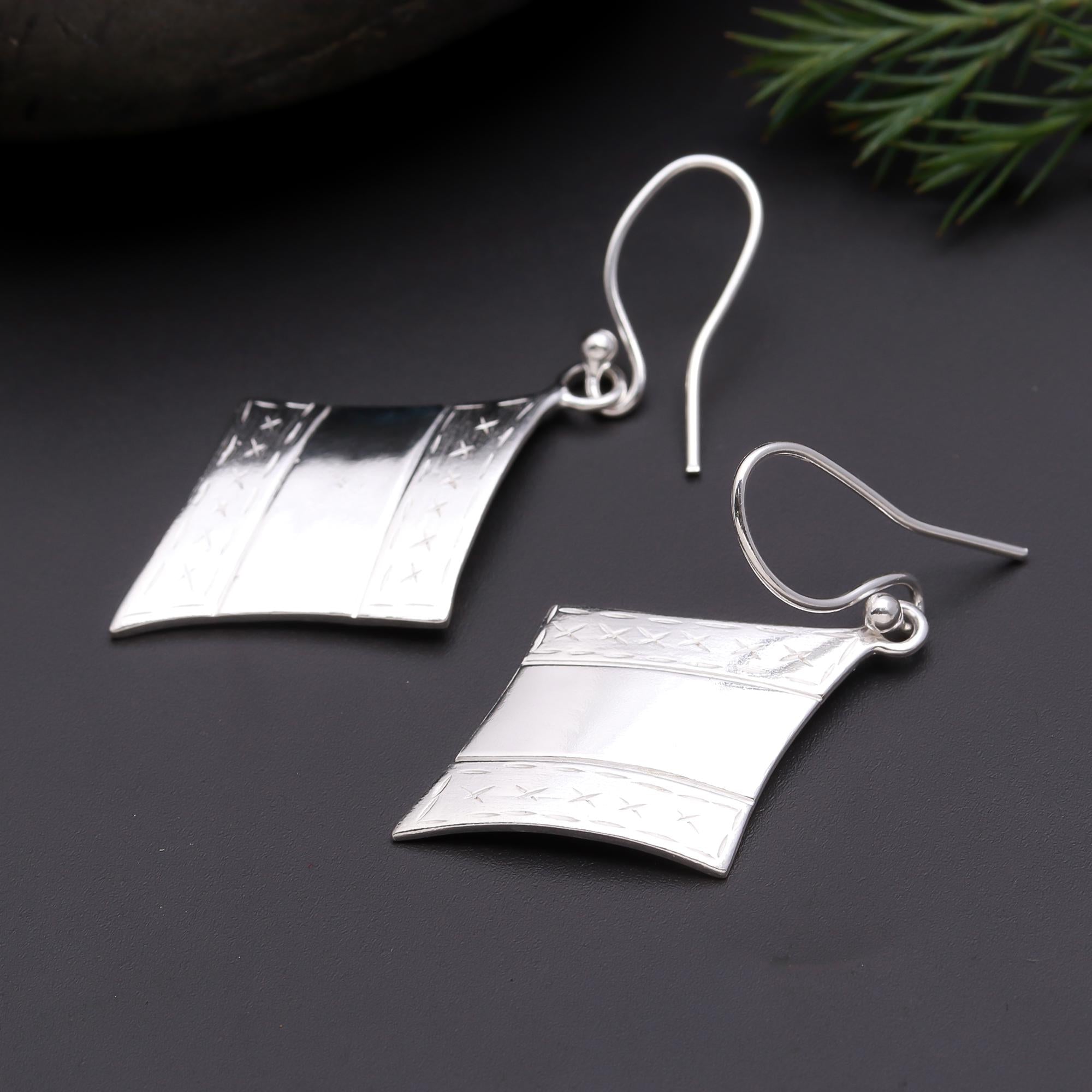 925 Silver Curved Dangle Earrings