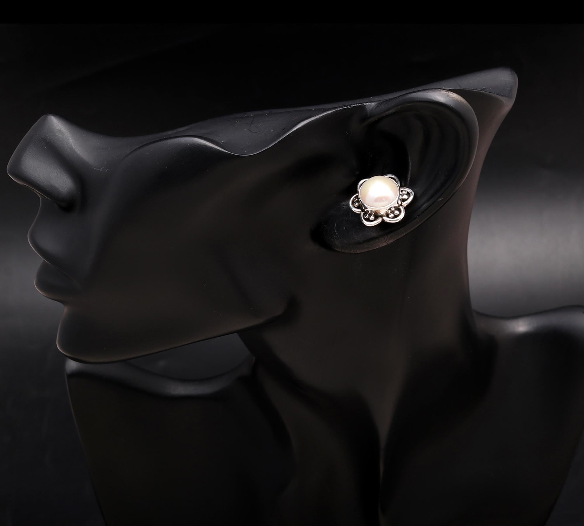 925 Silver Round White Pearl Floral Stud Earrings