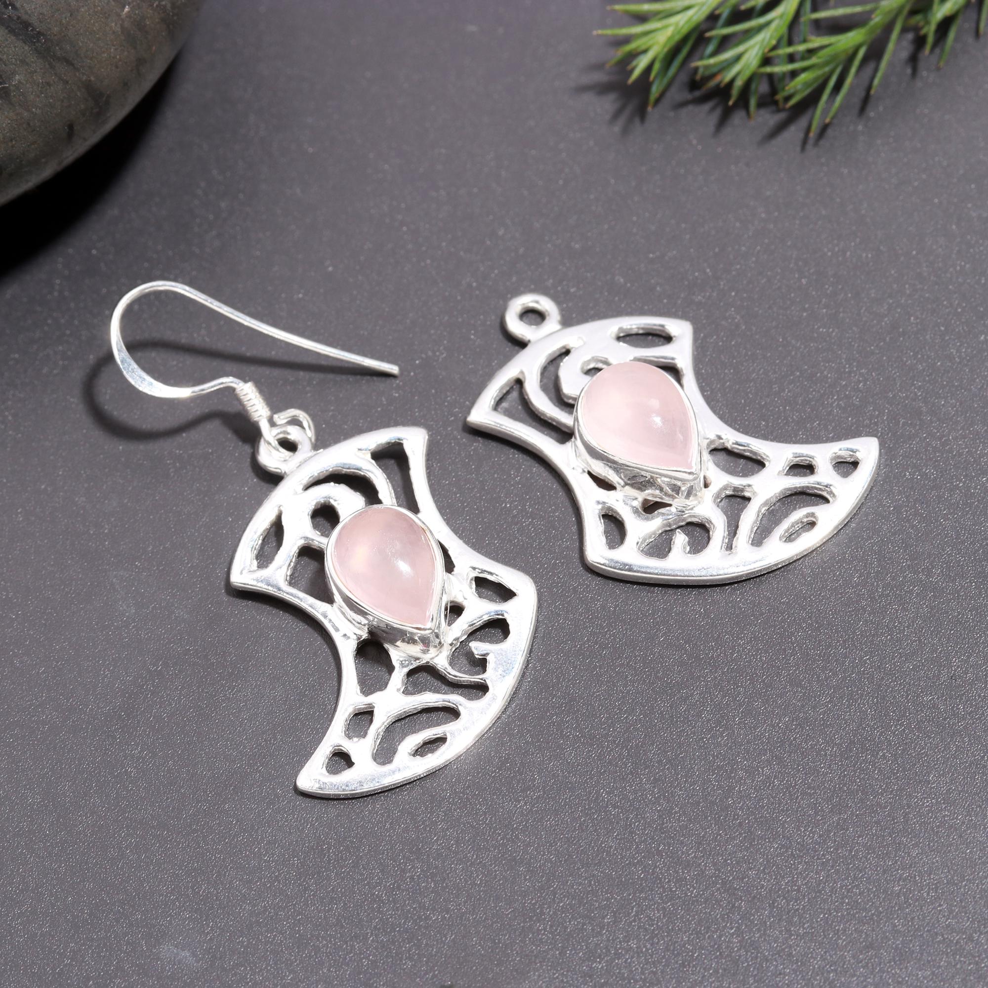 925 Silver Filigree Rose Quartz Dangle Earrings